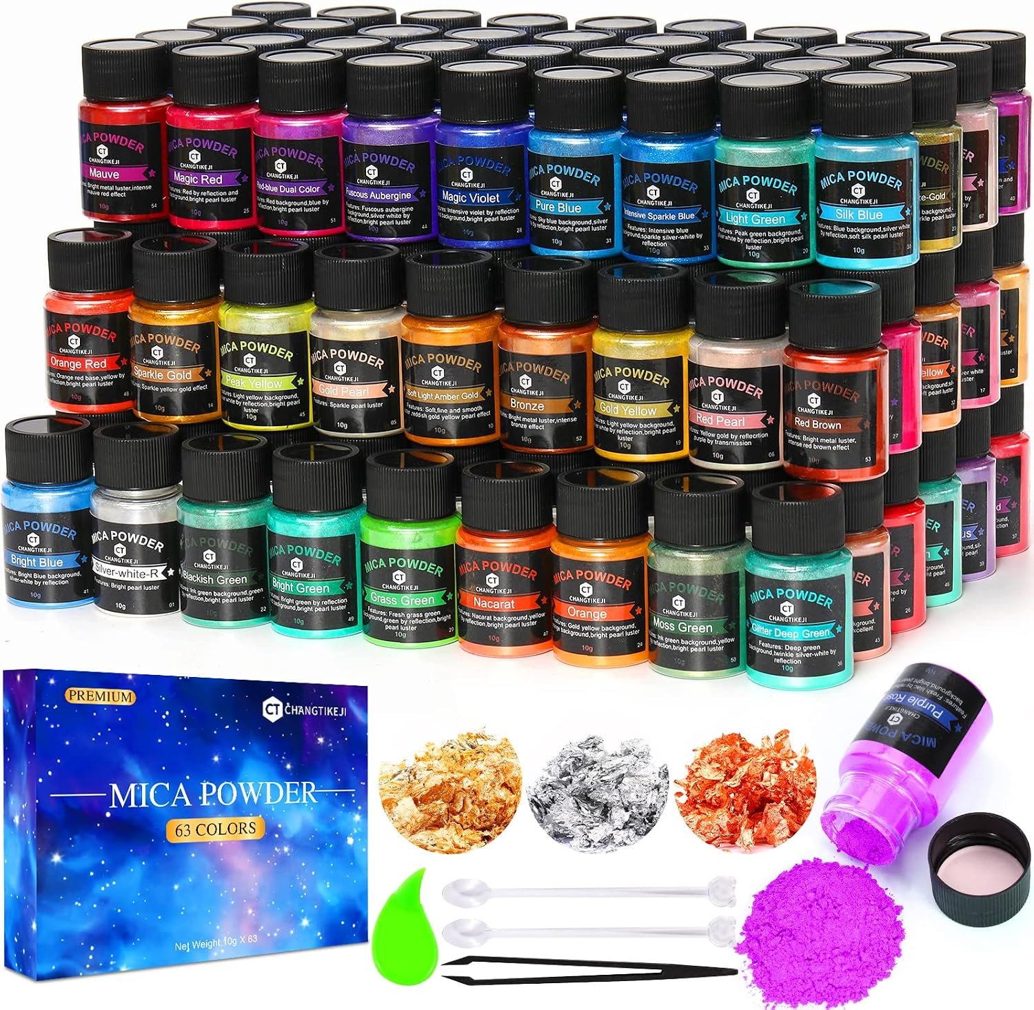 CHANGTIKEJI Mica Powder，63 Colors – 10g/Bottle of Natural Pigment Powder for Epoxy Resin，Lip Gloss，Eye Shadow,Car Paint, Dye,Soap Making,Nail Polish,Candle Making,Bath Bombs