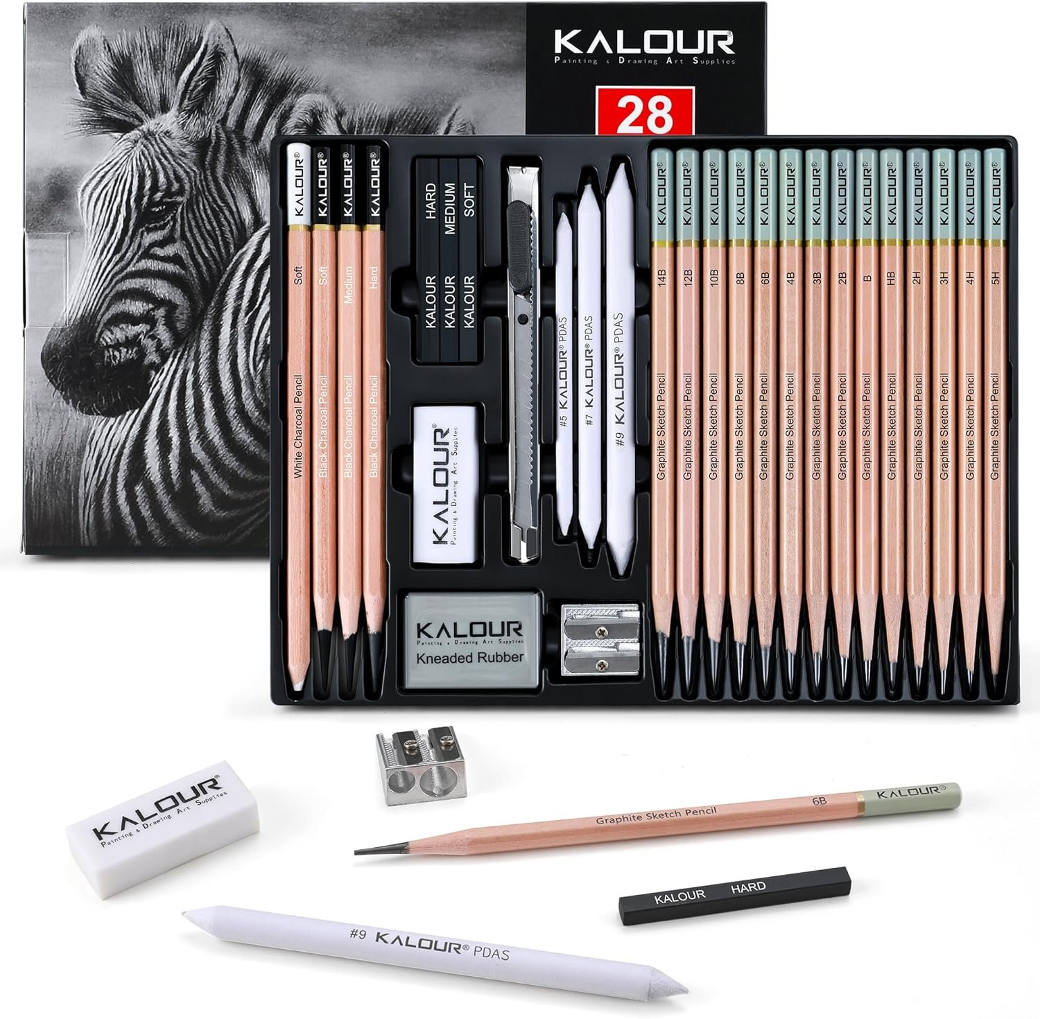 KALOUR 28 Pro Sketching Drawing Pencils Set – 14 Graphite Pencils (14B–5H), Charcoal Pencils, Erasers, Sharpener & Stumps – Complete Art Kit for Artists & Beginner