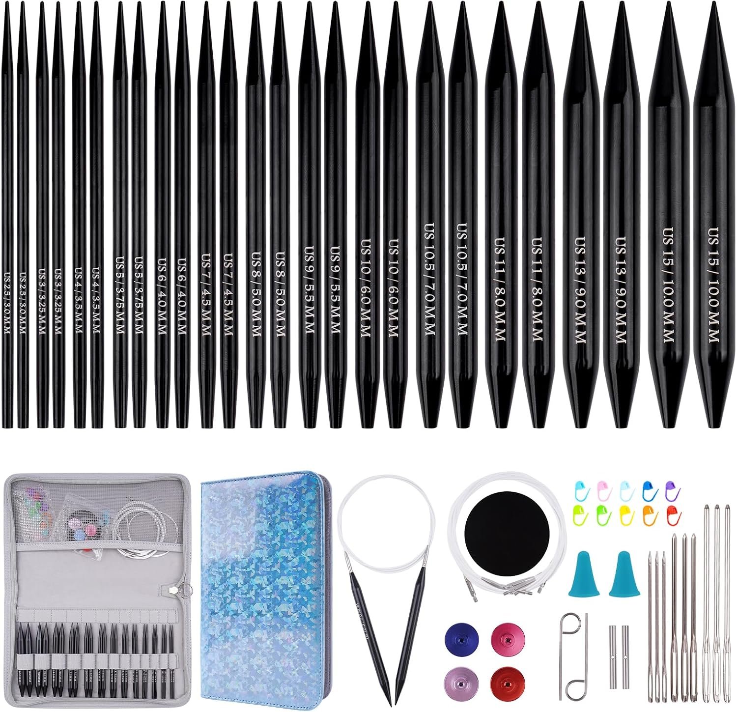 WAZAIGUR Women Interchangeable Black Aluminum Circular Knitting Needles Set