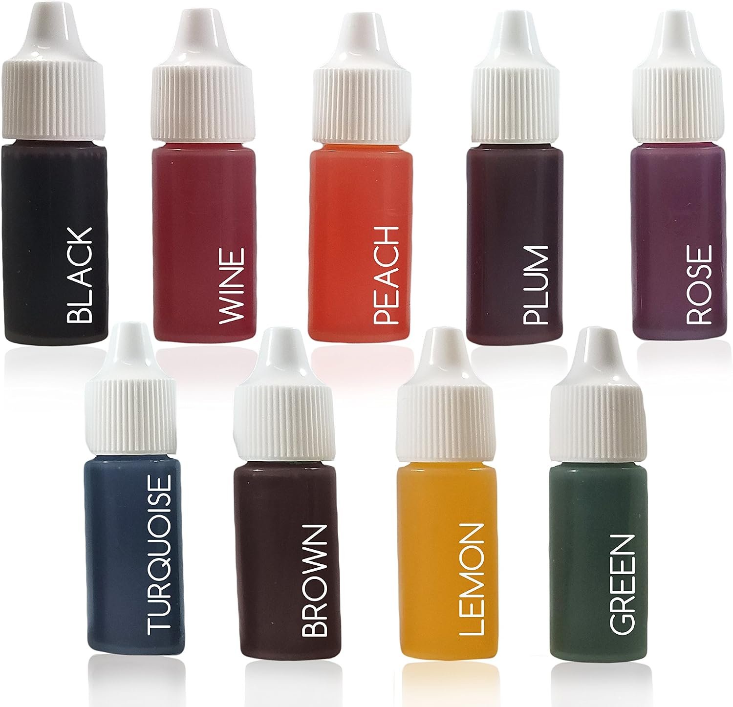 9 Liquid Dye Colorant Set for Soap Coloring, Bath Bomb Making – Plum, Brown, Lemon, Black, Rose, Peach, Turquoise, Wine, and Green (10 ml Each Color)