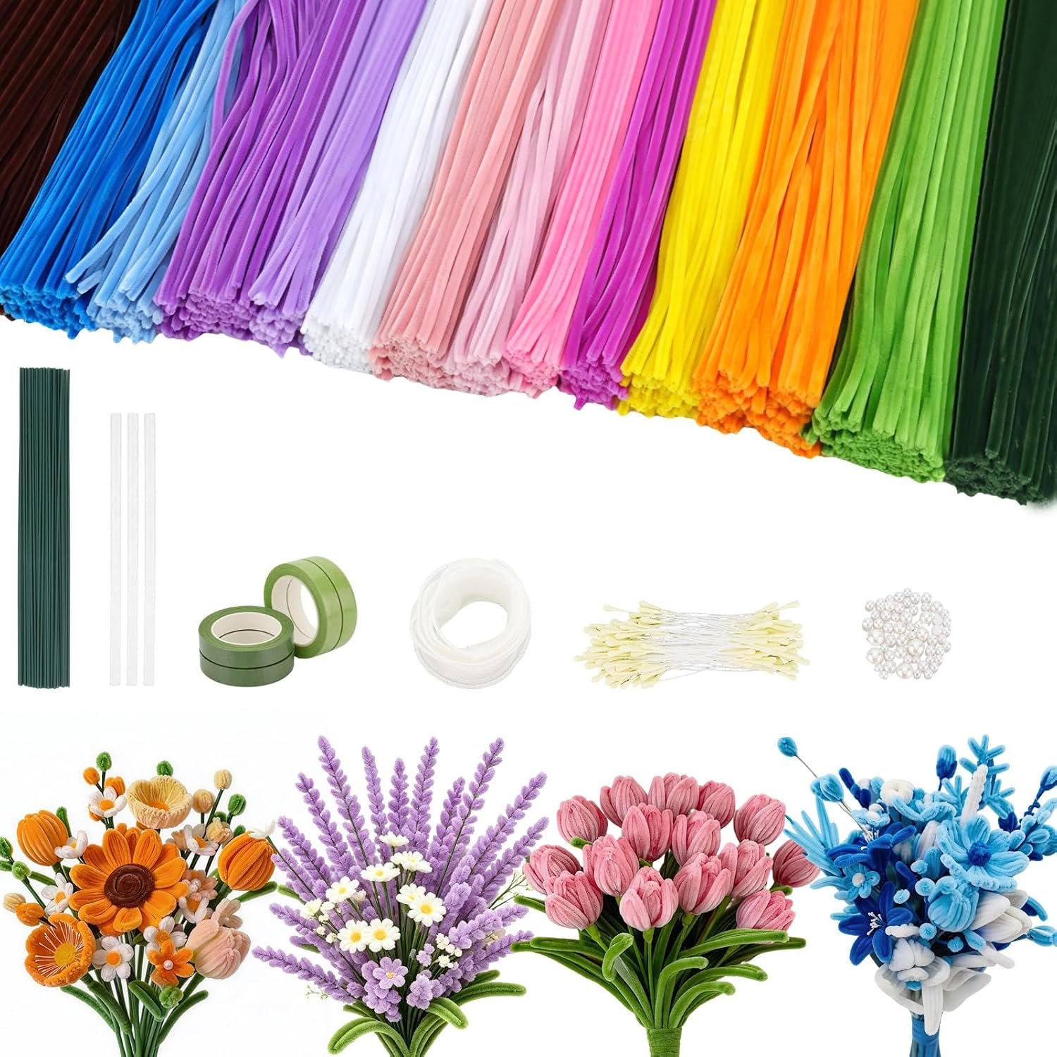 1,000-Piece Floral Arrangement Kit, Yarn Stick Craft Set 14 Vibrant Colors