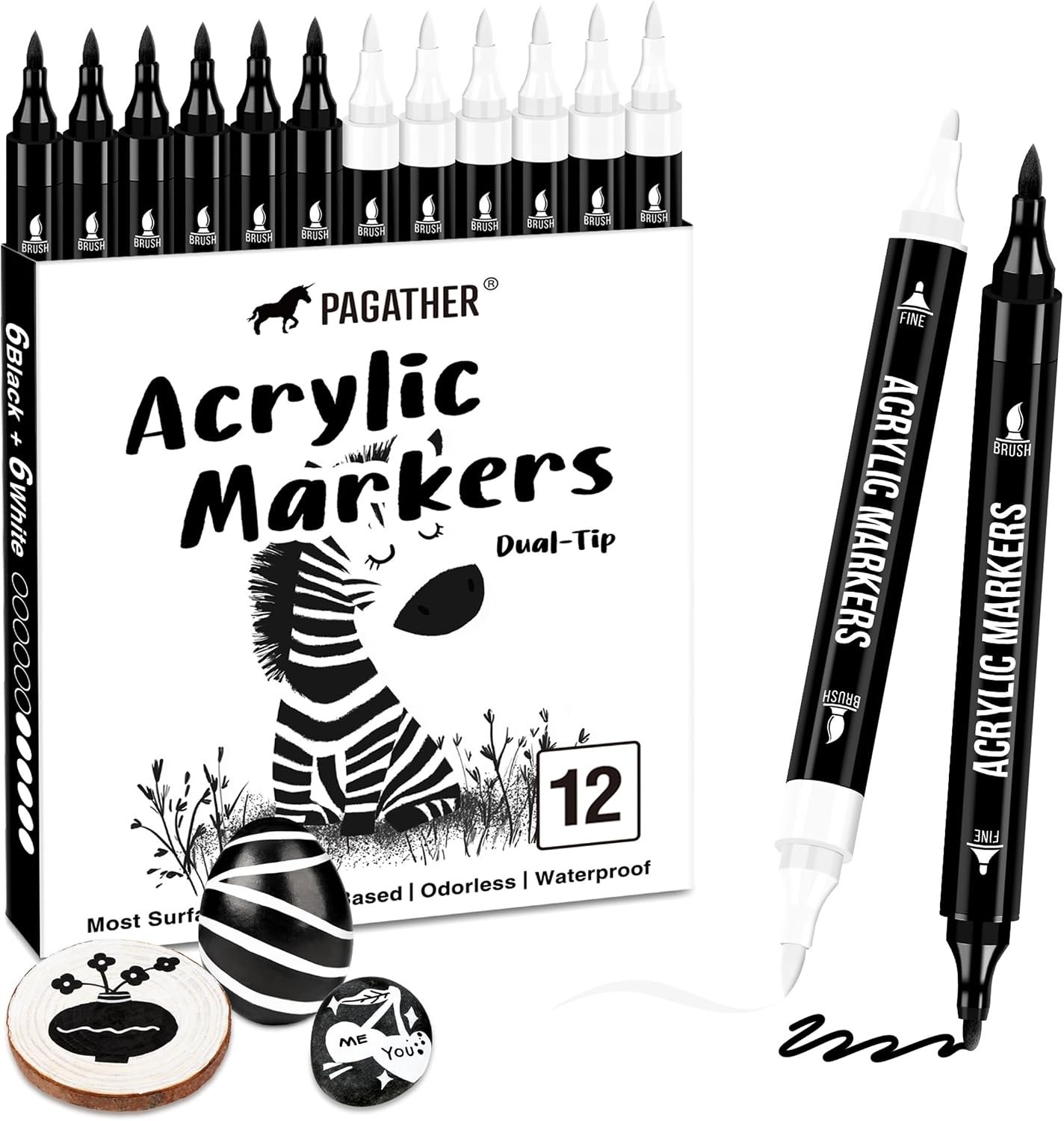 Pagather Black White Acrylic Paint Markers, 12 Dual Tip Fine Brush Pens