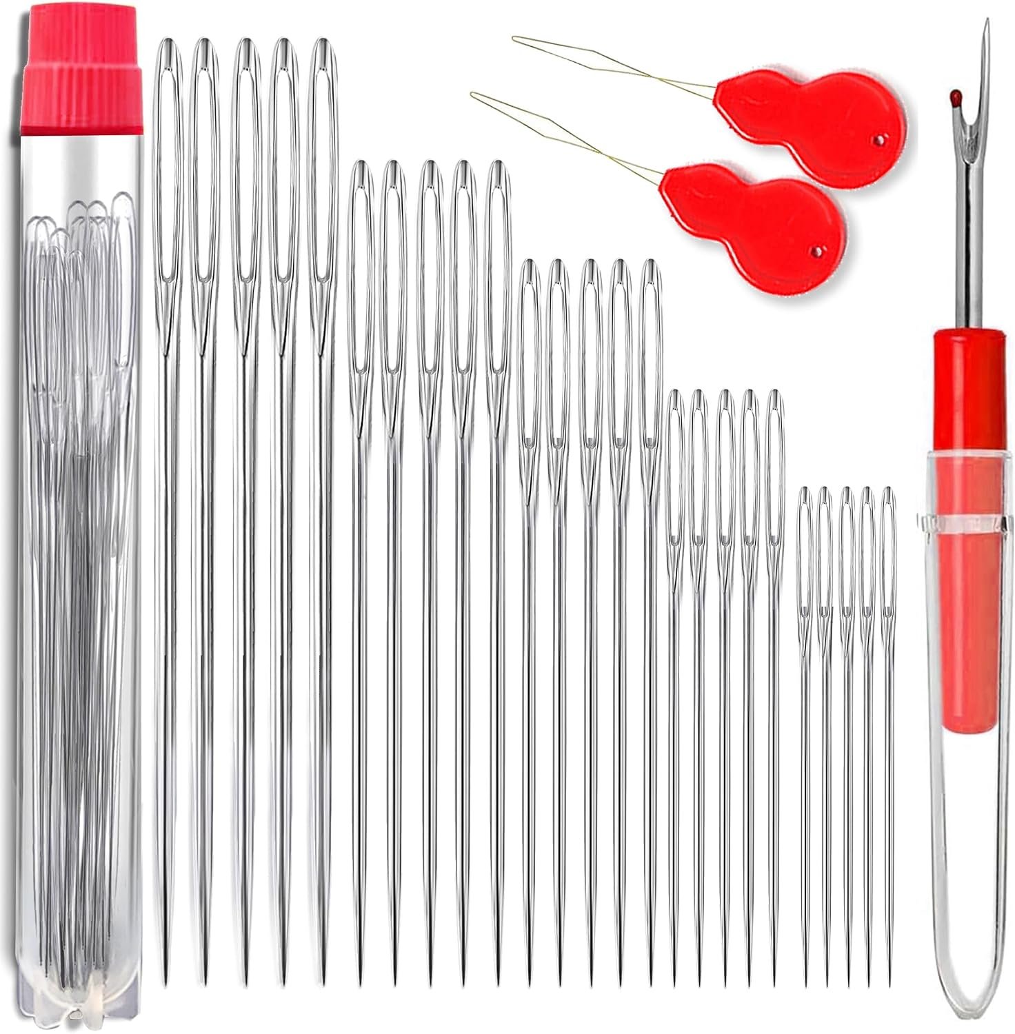 25 PCS Large Eye Sewing Needles, 5 Sizes Hand Sewing Needles, Including Embroidery – 25PCs with 2 Pcs Needle Threader and 1 Pcs Seam Ripper