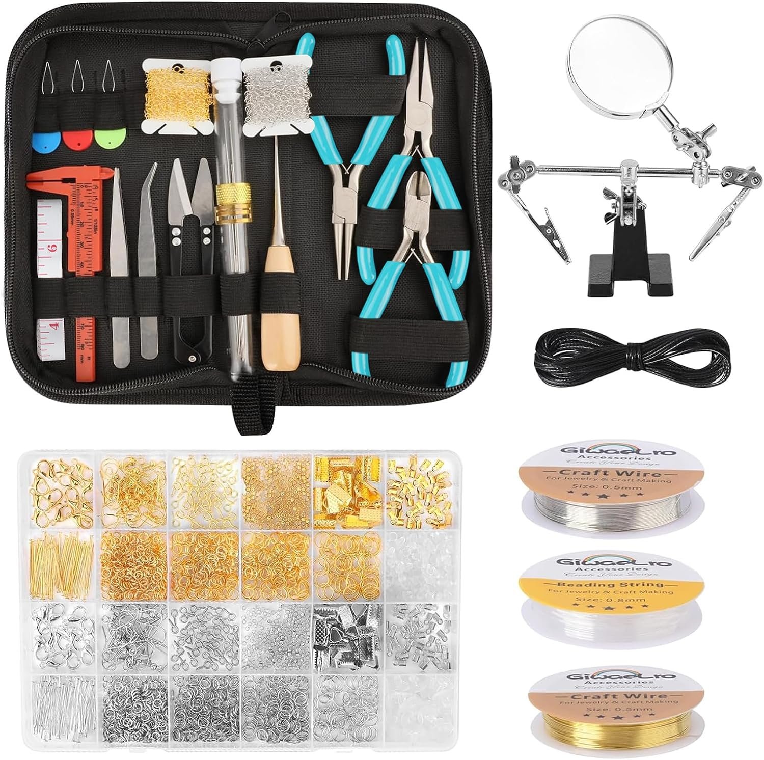 Giwaelro Jewelry Making Kit for Adults, Jewelry Making Supplies with Jewelry Making Tools, Jewelry Pliers, Jewelry Wires, Findings, Necklace Chains, Magnifier and Storage Bag (Blue)