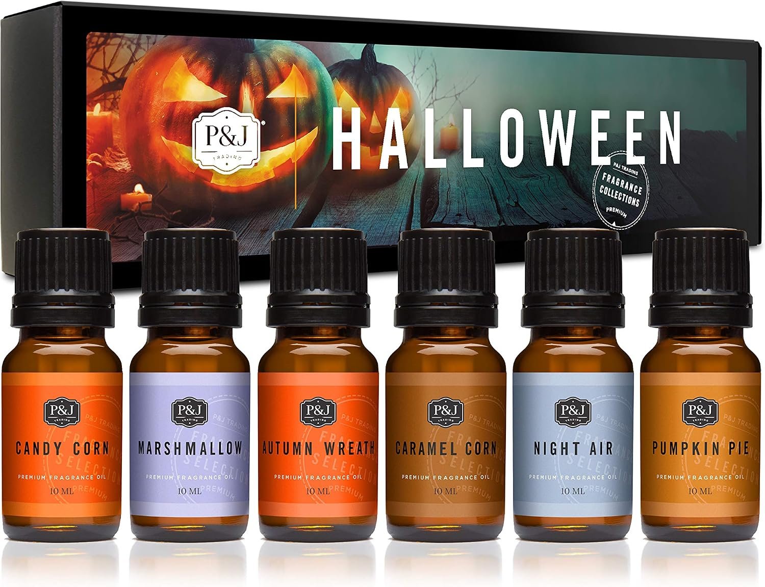 P&J Fragrance Oil Halloween Set | Autumn Wreath, Pumpkin Pie, Candy Corn, Marshmallow, Night Air, and Caramel Corn Candle Freshie Scent for Candle Making, Soap Making Supplies