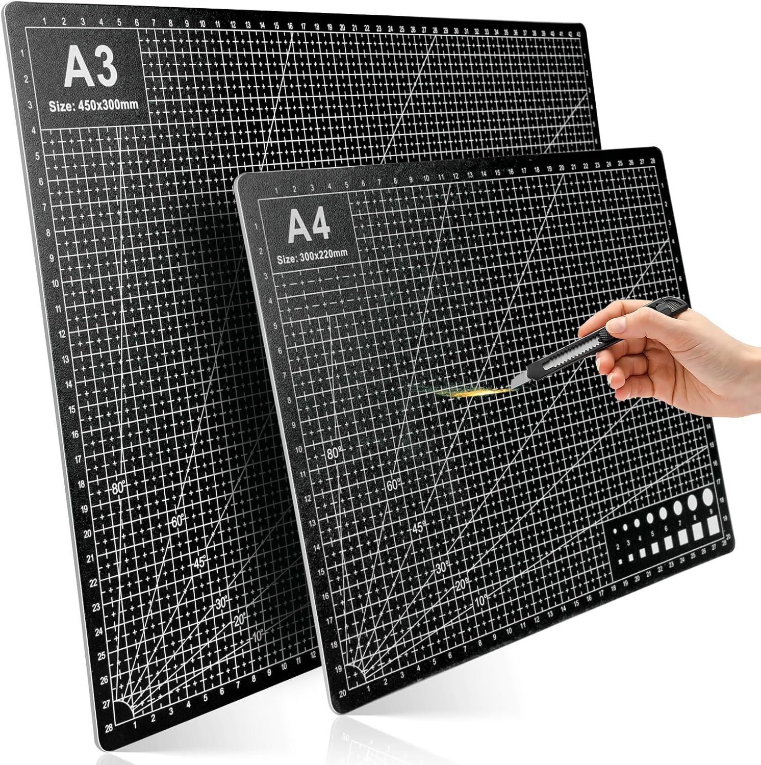 2 Pcs Large Cutting Mat Self Healing,Double Sided,Grid Line And Angles Help To Cut Precisely,Craft Mats for Scrapbooking, Quilting, Sewing and All Arts,Non Slip & Easy Clean ((A3 & A4 Black)