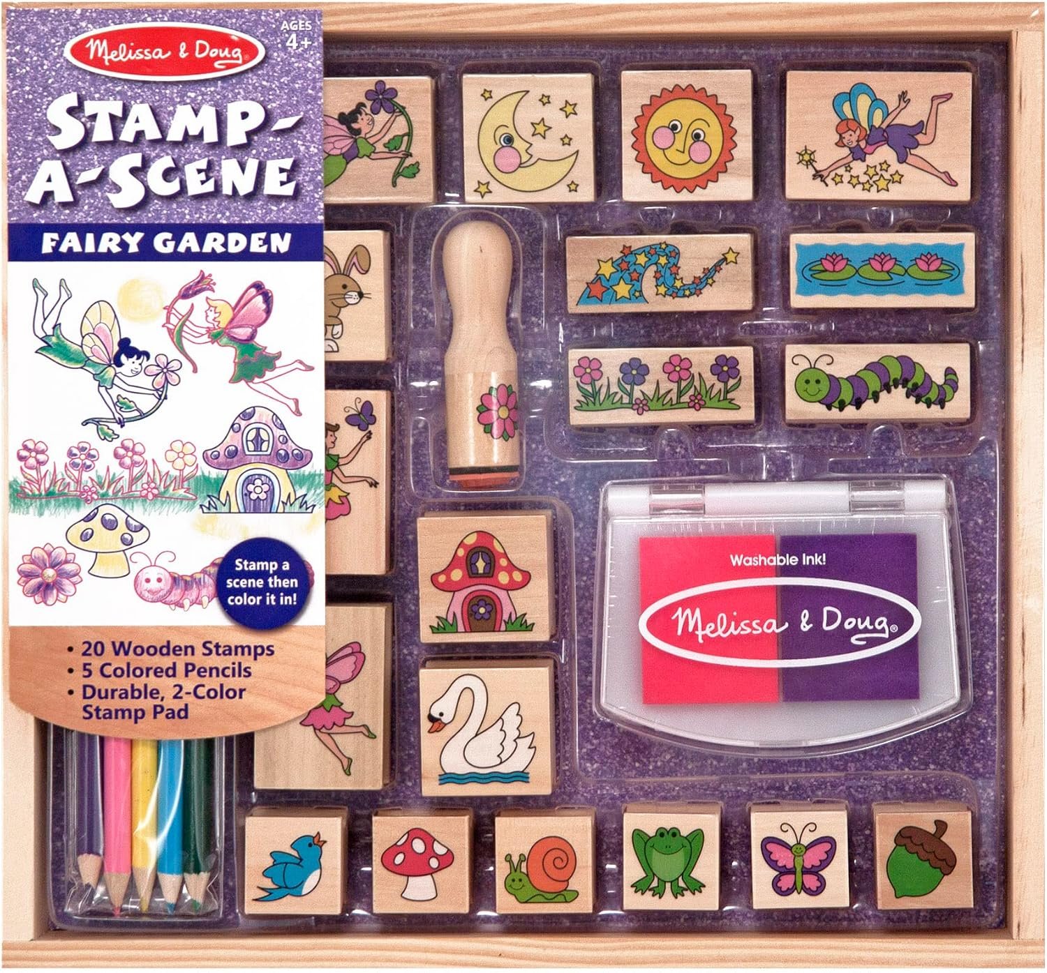Melissa & Doug Stamp-a-Scene Fairy Garden, 20-Piece Wooden Stamp Set