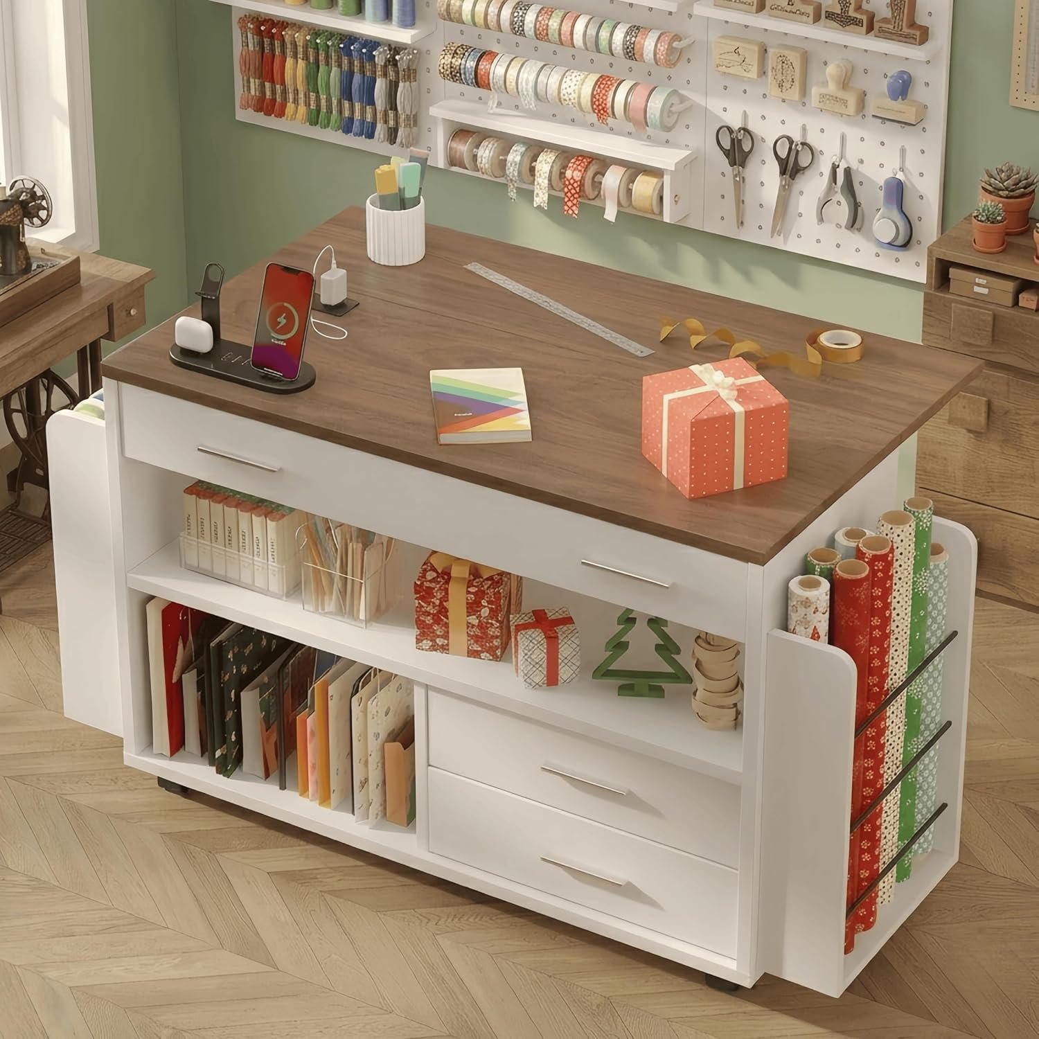 Gift Wrap Storage Cart with Foldable Drop Leaf, Crafting Table with Storage