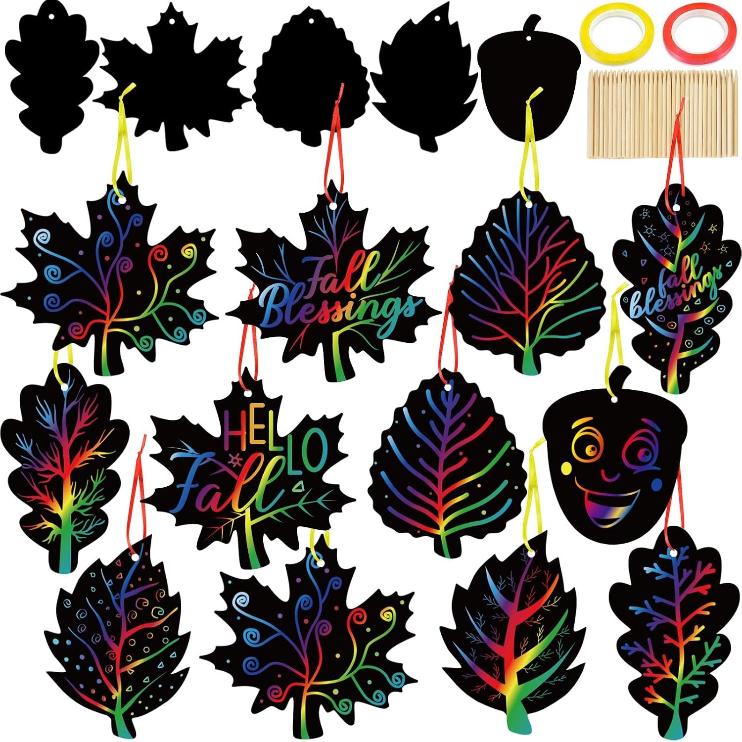 90shine 120 Sets Fall Crafts Black Scratch Autumn Leaves Arts