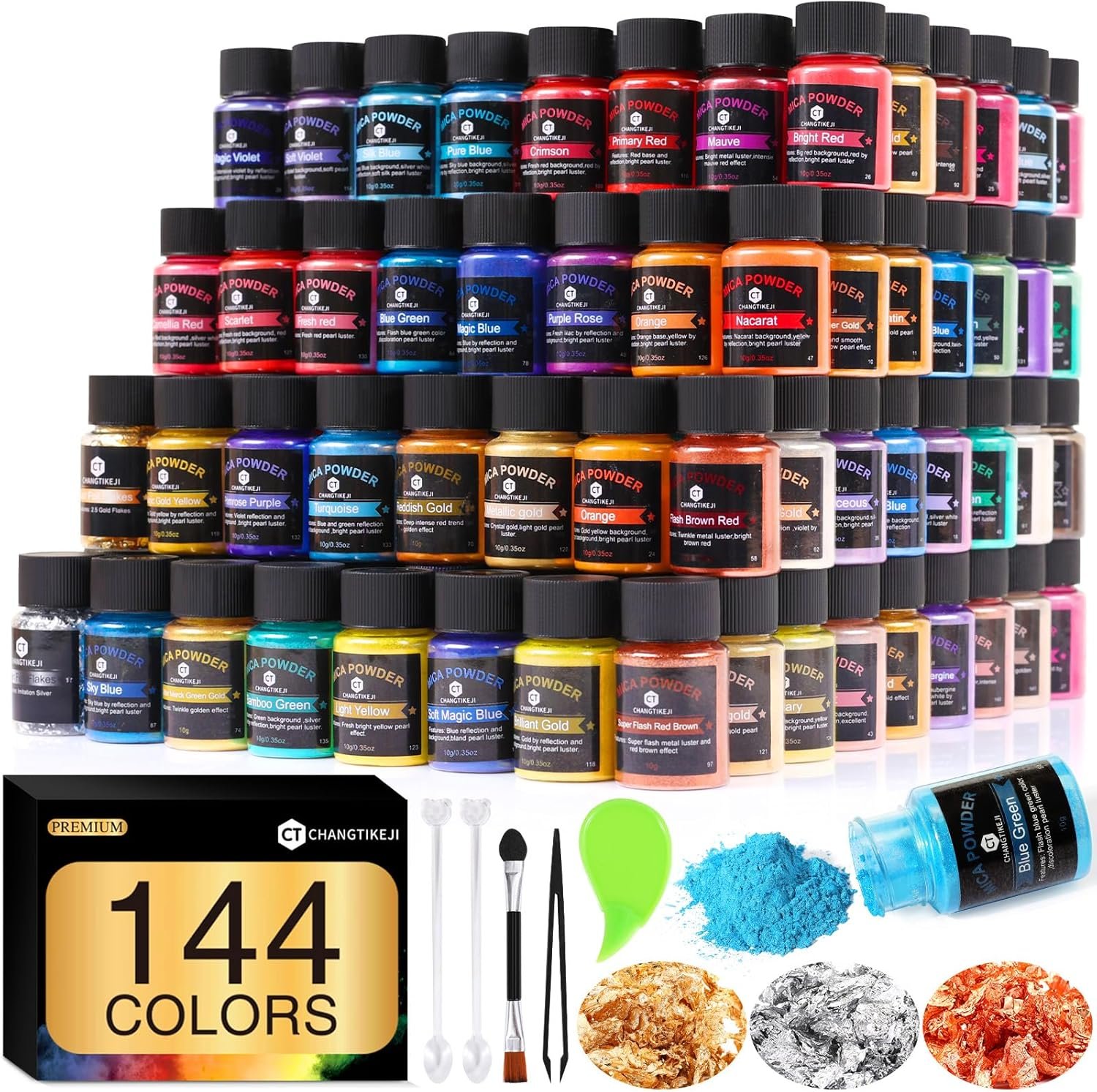 CHANGTIKEJI Mica Powder – 144 Colors – 10g/Bottle of Natural Pigment Powder