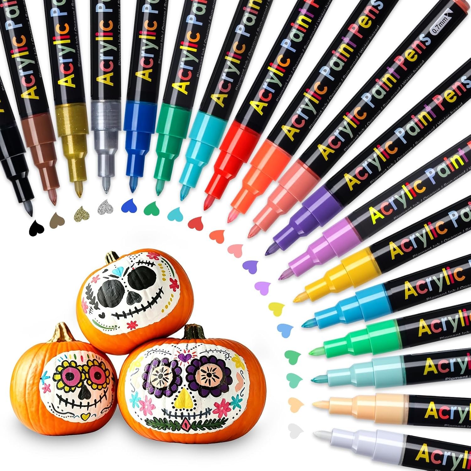 JR.WHITE 18 Colors Acrylic Paint Markers Paint Pens: 0.7mm Extra Fine Tip for Halloween Pumpkin Painting, Rock Painting, Glass, Wood, Ceramic – Pumpkin Decorating Supplies