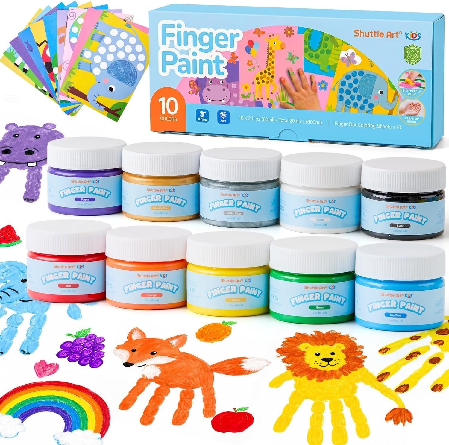 Shuttle Art Washable Finger Paint Set, 10 Colors (2 fl oz) Kids Paint with 10 Coloring Sheets, Non Toxic Finger Painting for Toddlers