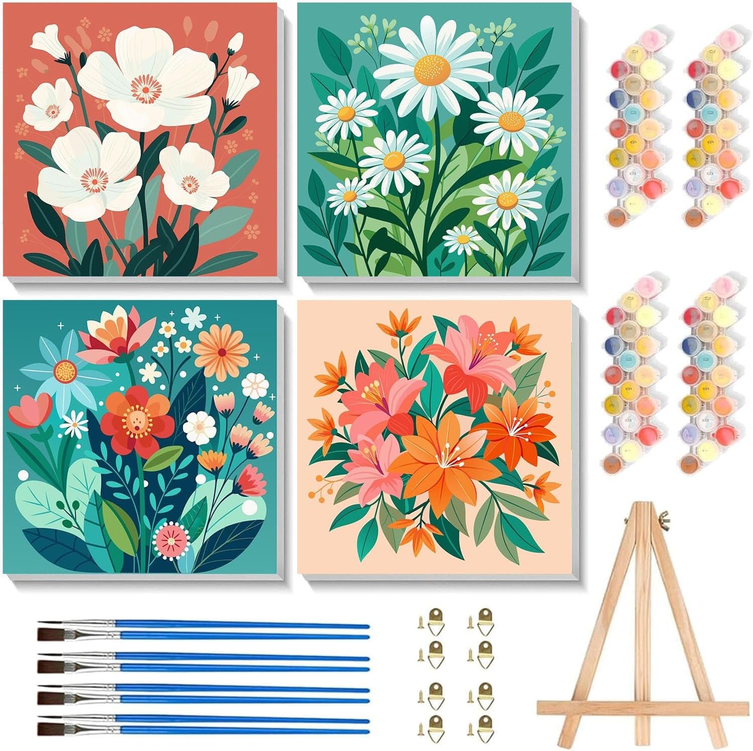 4 Pack Paint by Numbers Kit for Kids with Frame – Wooden Easel 8×8 inch