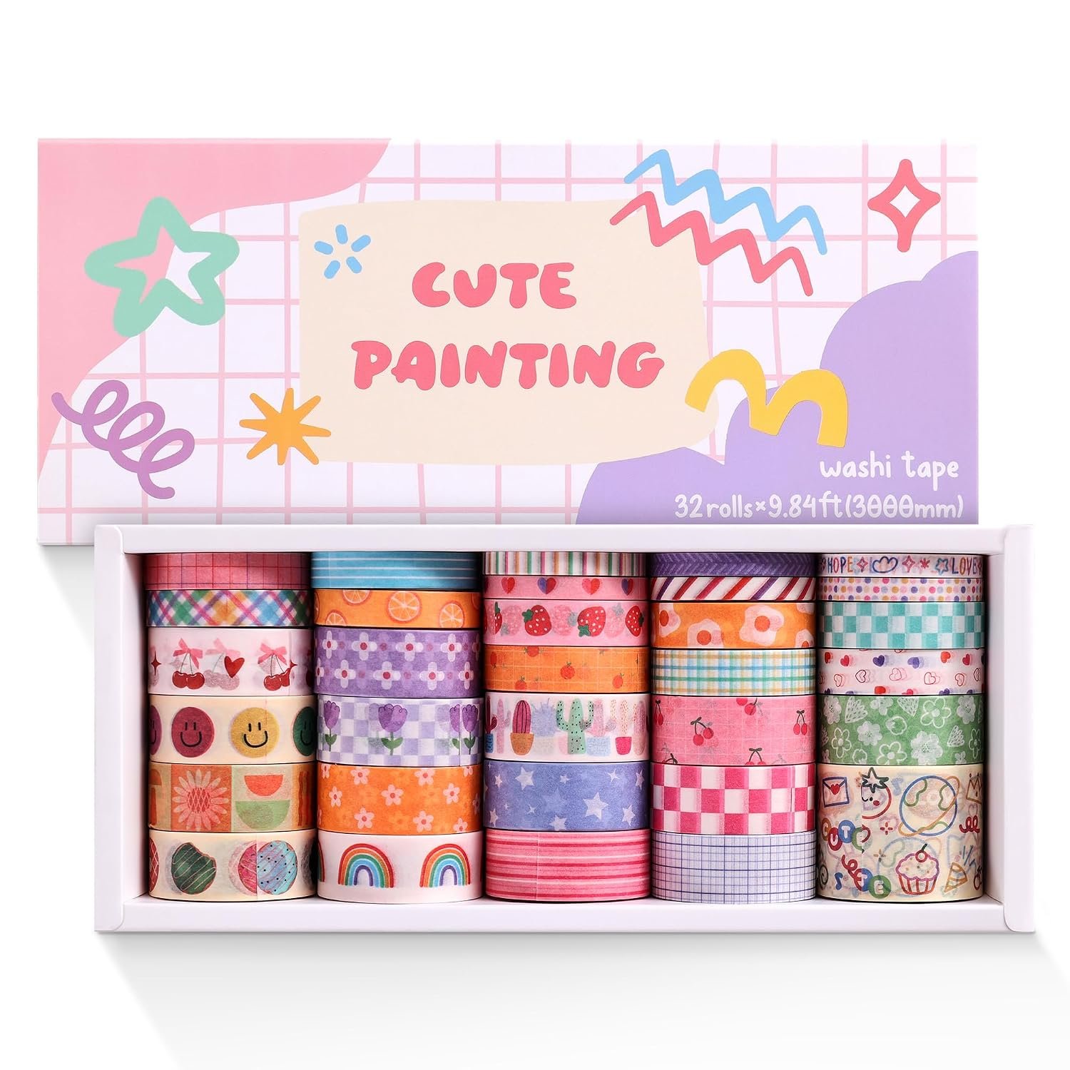 PAGEMORE 32 Rolls Colorful Cute Floral Writable Washi Tape Set, Decorative Tapes for Scrapbooking and Journaling, Junk Journal Supplies, Bullet Journaling for Women Girl 5-30mm Wide 9.84ft Long/Roll
