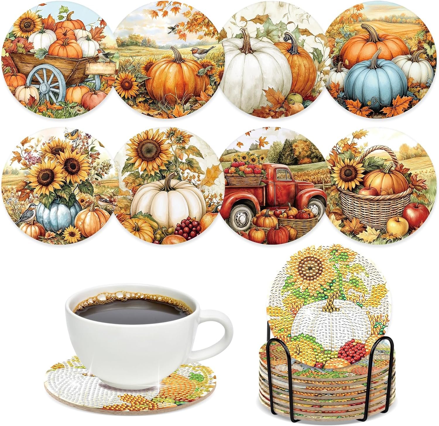 Fall Pumpkin Diamond Painting Coasters – 8 Pcs DIY Autumn Pumpkin Sunflowers Diamond Art Coaster Harvest Themed Art Craft Kit for Beginners Adults for Birthday Gifts Craft Supplies