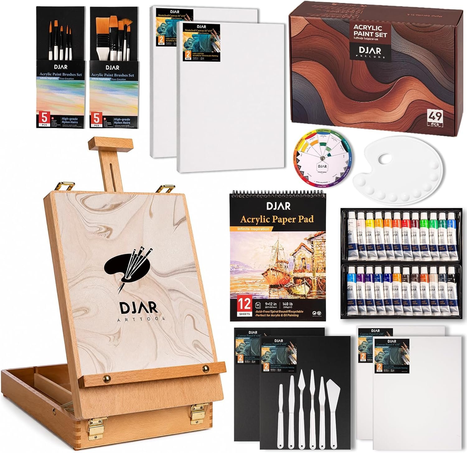 DJAR 49 Pcs Acrylic Paint Set with Tabletop Easel & Canvas, 24 Colors