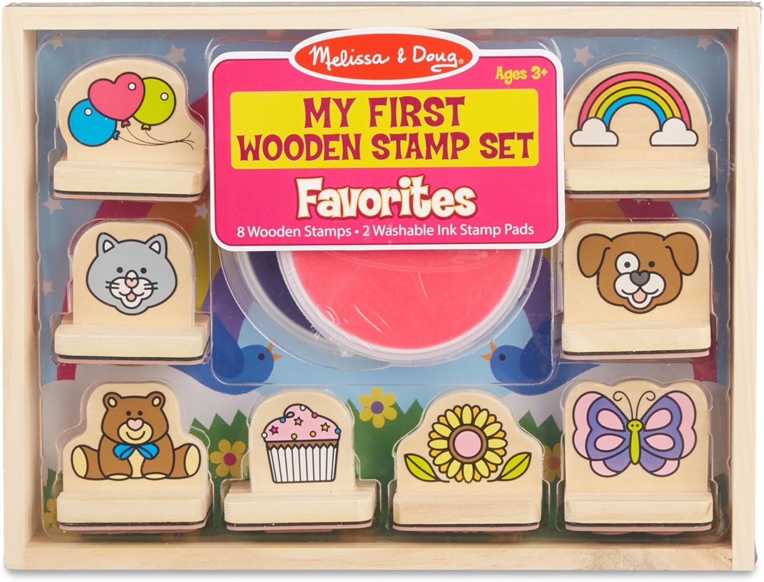 Melissa & Doug My First Wooden Stamp Set Favorites (8 Stamps with Handles, 2 Washable Ink Pads) Wooden Kids Stamps with Handles Set, for Kids Ages 3+