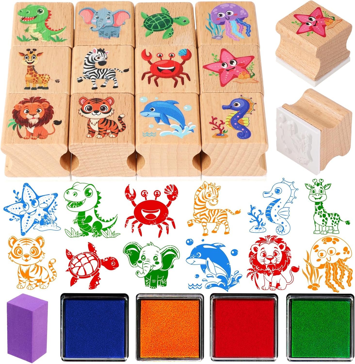 HOWAF 12Pcs Animal Wooden Rubber Stamps, Jungle & Sea Animal Stamps for Kids, Washable Ink Pad Stamp Set for Summer Camp Crafts, DIY Scrapbooking, Card Making, Preschool Art Activities