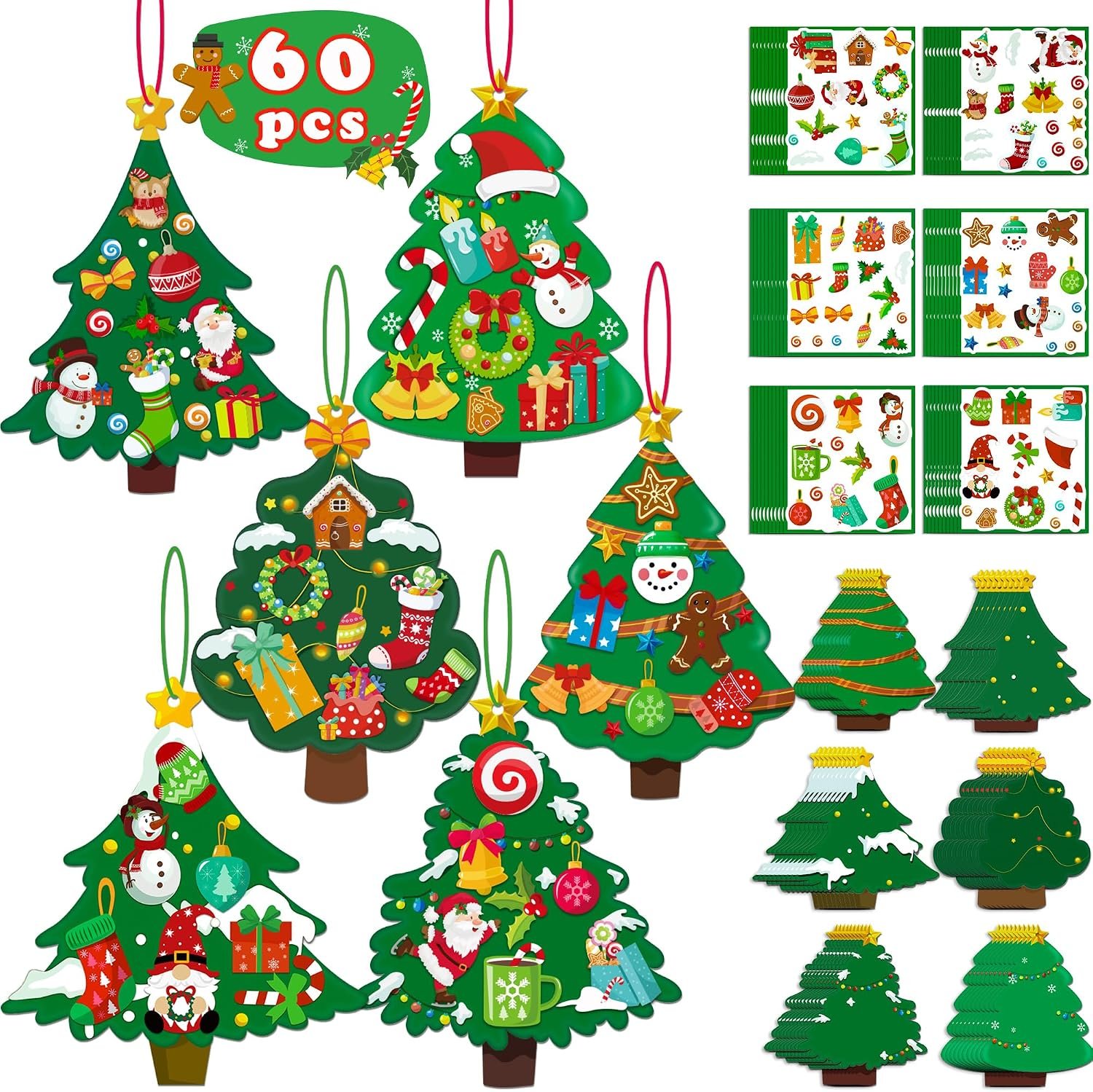 60pcs Christmas Crafts for Kids – DIY Xmas Tree Ornaments with Sticker Kits