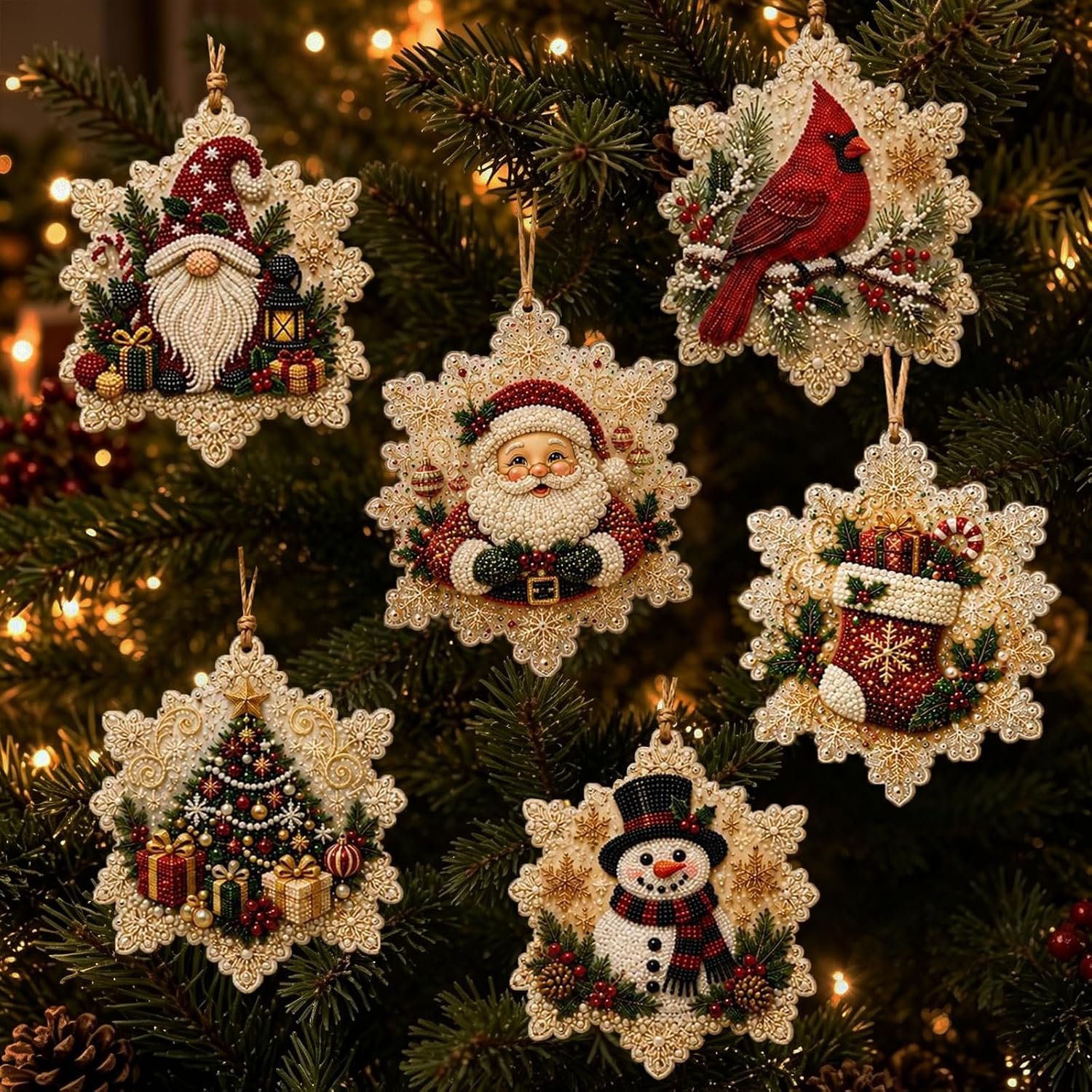 6PCS Christmas Ornaments DIY Pearl Diamond Art Kits for Adults(snowflake)