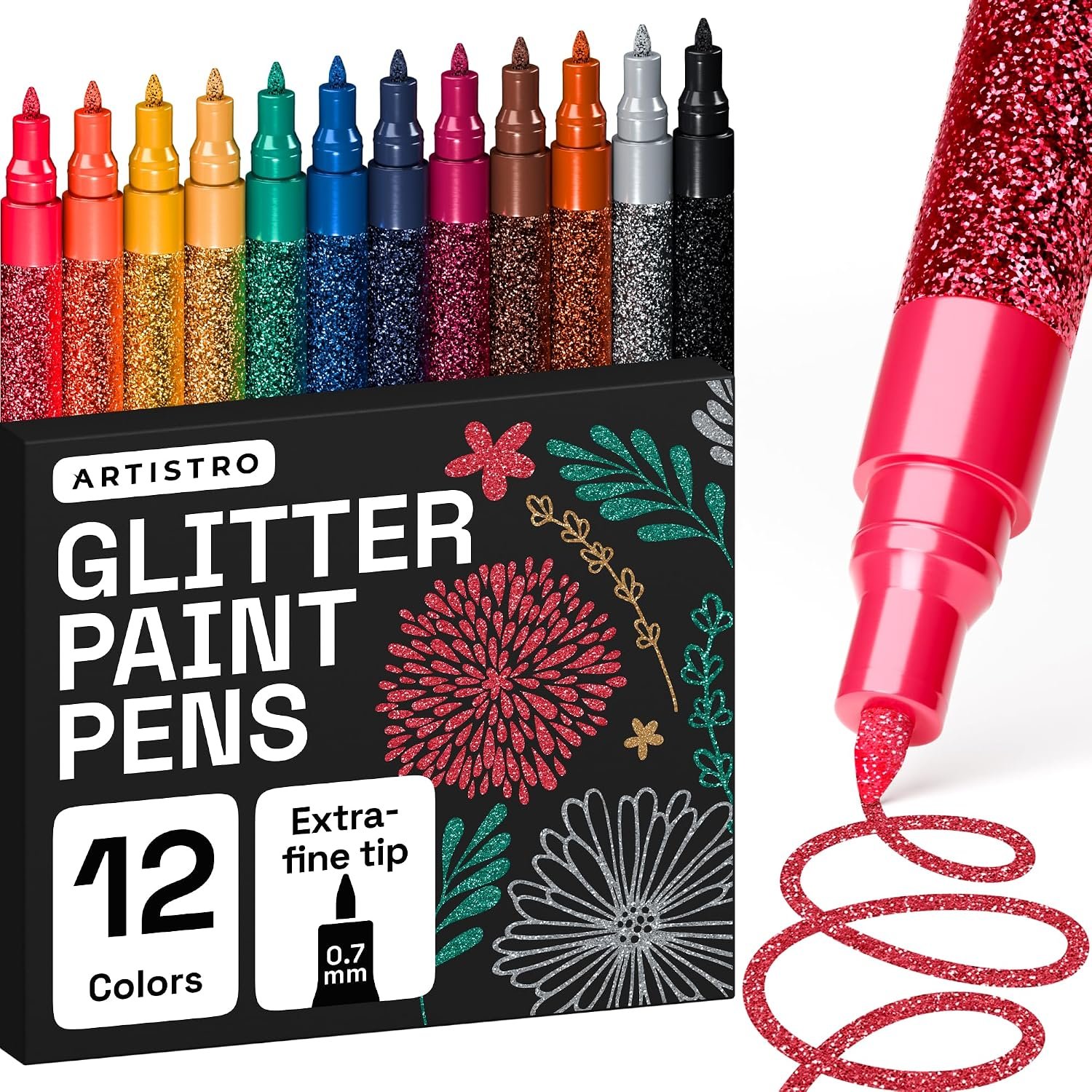 ARTISTRO 12 Glitter Paint Pens for Glass Marking – Extra-Fine Tip