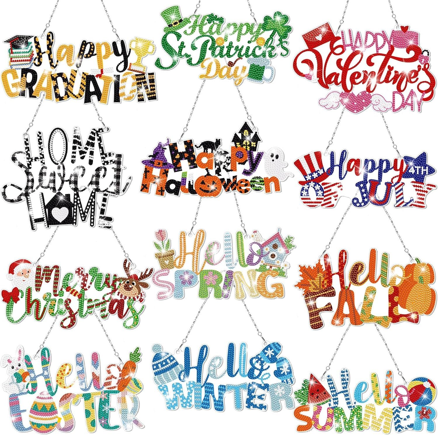 Cinnvoice Seasonal Diamond Art Hanging Kit,12 Pcs,Seasonal