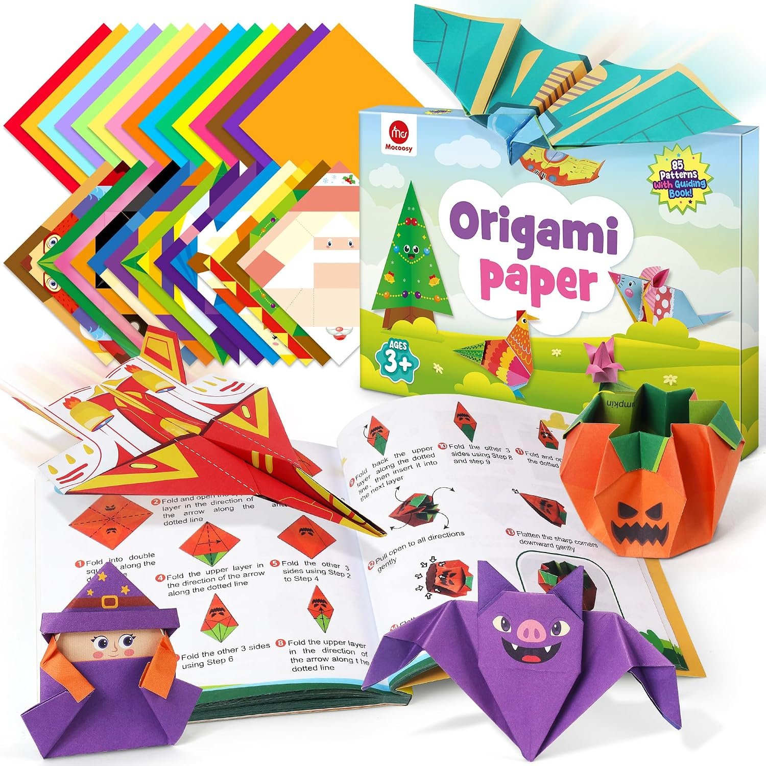 Mocoosy 320 Sheets Origami Kit for Kids Ages 5-8 9-12, Folding Paper Set with Origami Book & Paper Airplane, Arts and Crafts Supplies for Boys Girls, Travel Game Airplane Car Road Trip Activity Gifts