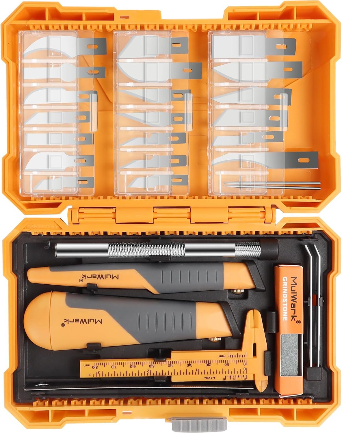MulWark 41-Piece Precision Hobby Knife Set – Exacto Knife Set For Modeling – Craft Knife Handle Customized With Chiseling, Stencil Edge And Fine Point Blades With Sharpening Stone And Steel Ruler
