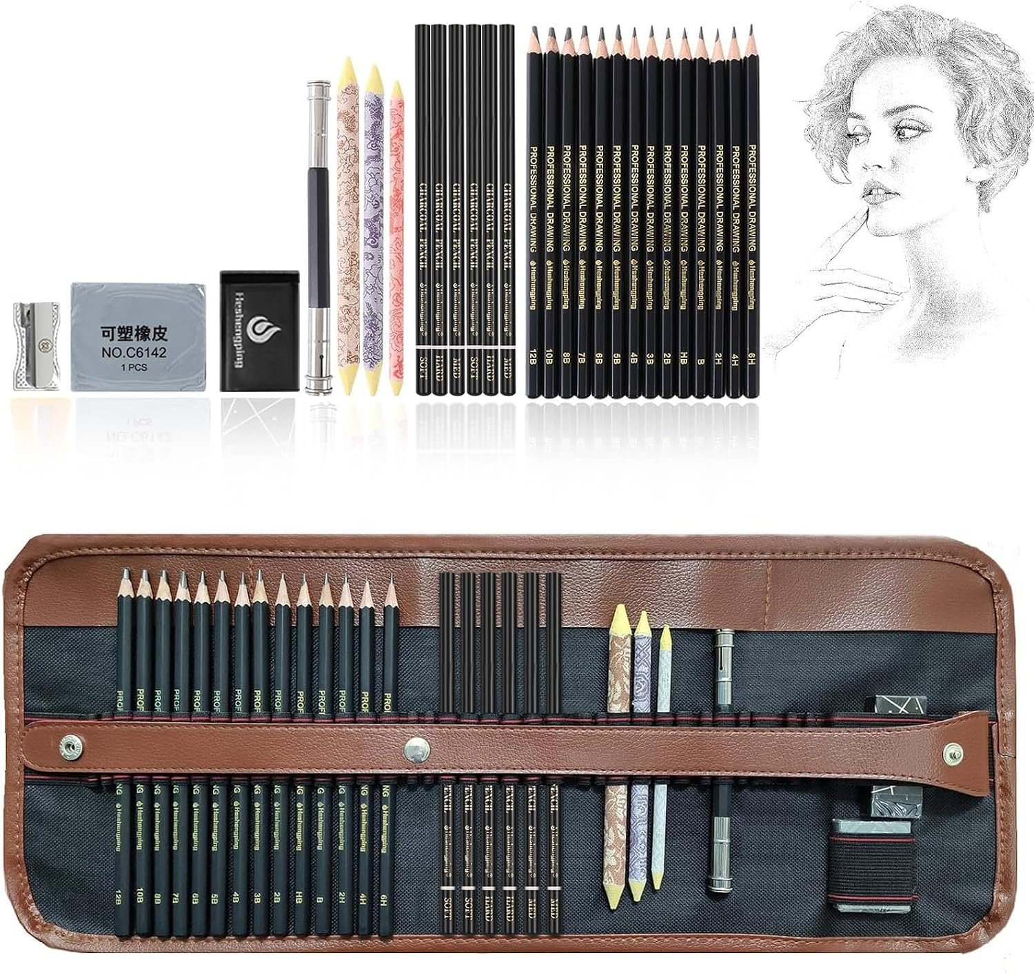 Heshengping Drawing Pencils Sketch Pencil Art Supplies Set for Adults beginners Professional Sketching Art Graphite Charcoal Blending Stump Pencils kit