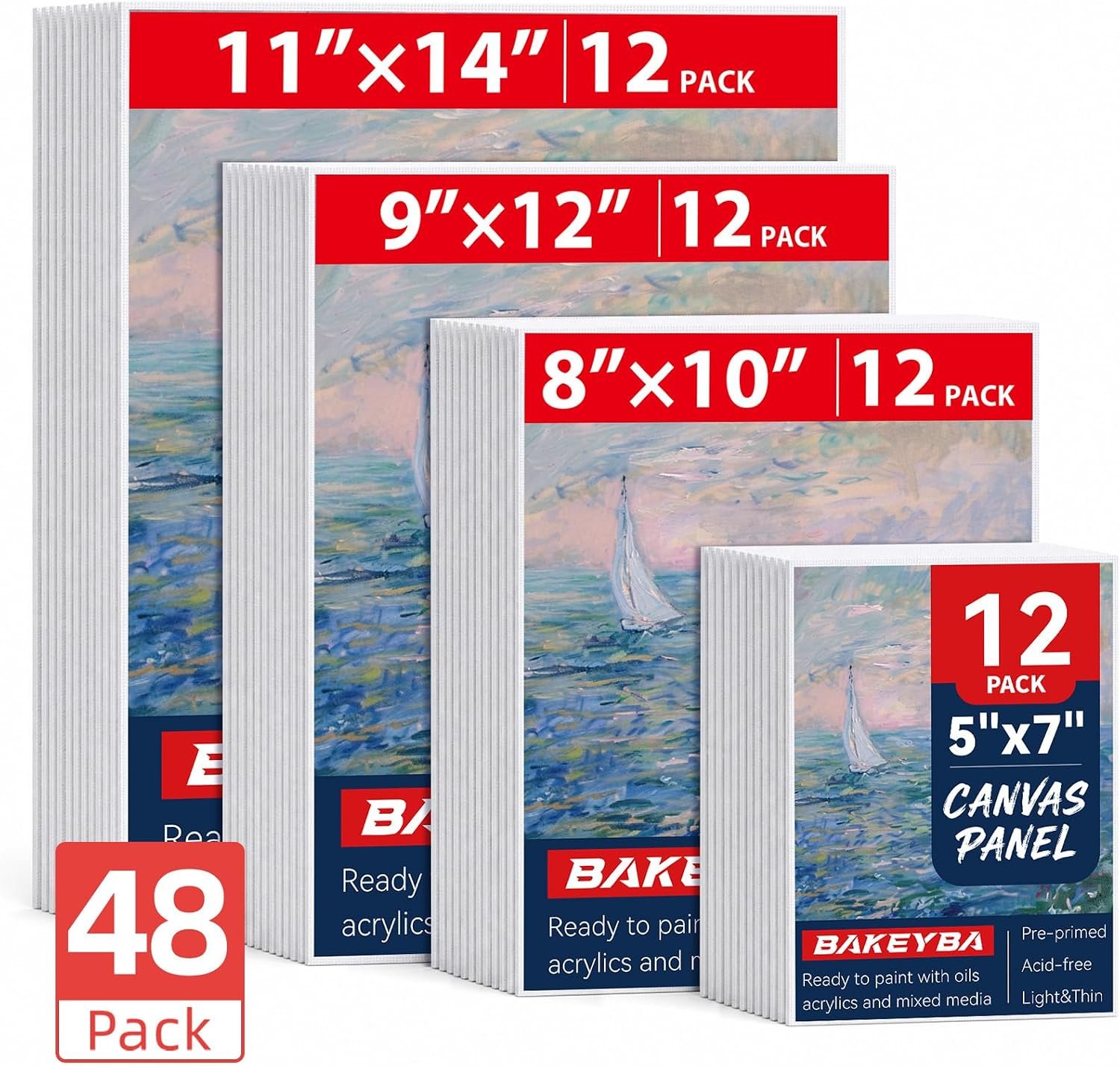 48 Pack Canvas Boards for Painting 5×7, 8×10, 9×12, 11×14 Inch