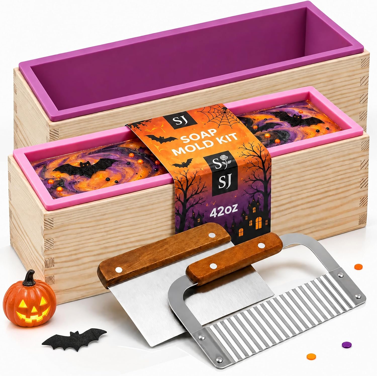 SJ 2-Pack 42 oz Soap Making Kit with Loaf Molds, Wooden Box & Cutters