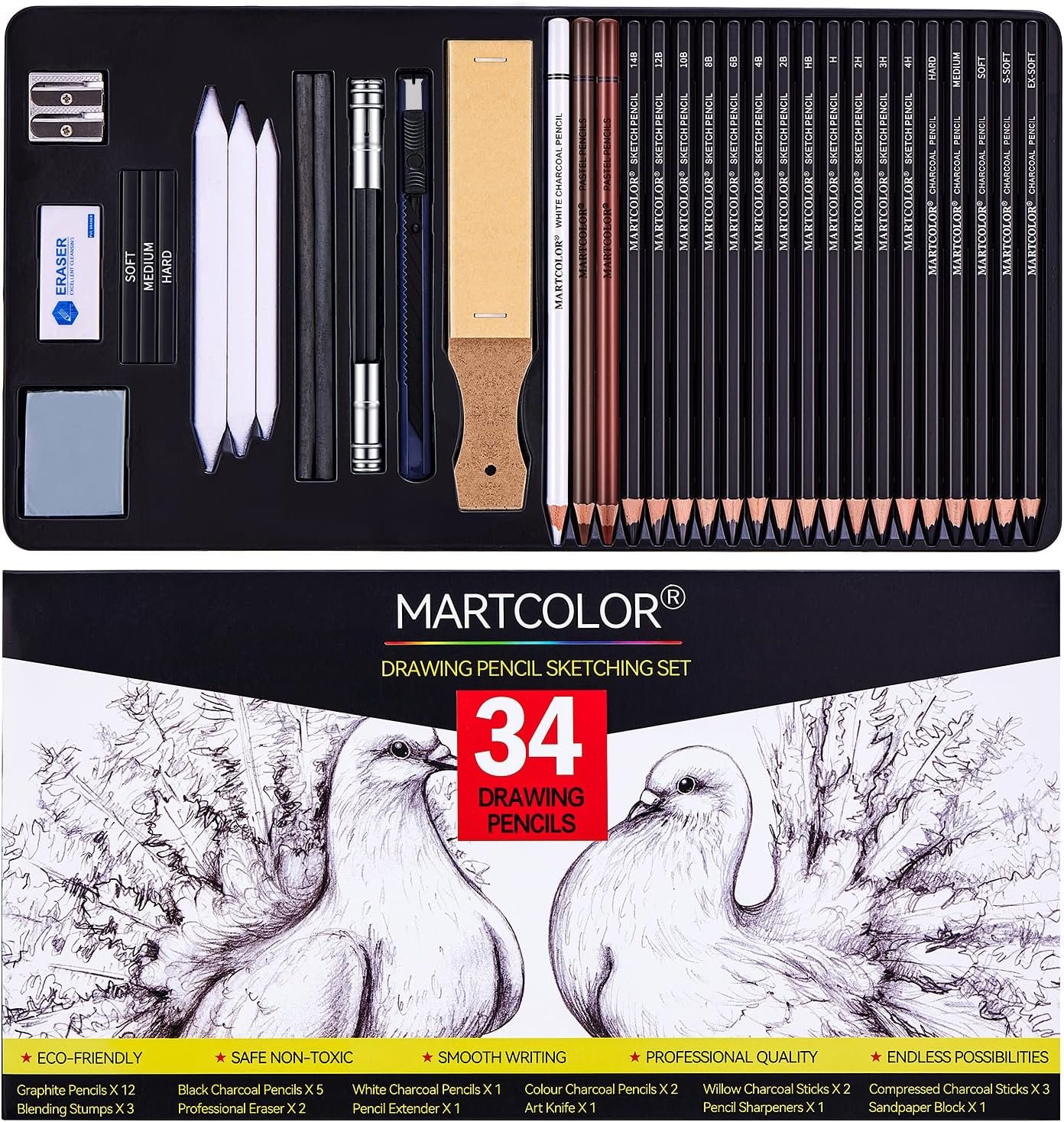 MARTCOLOR Drawing Sketching Pencils Set, 34 Pieces Graphite Pencil (14B-4H)