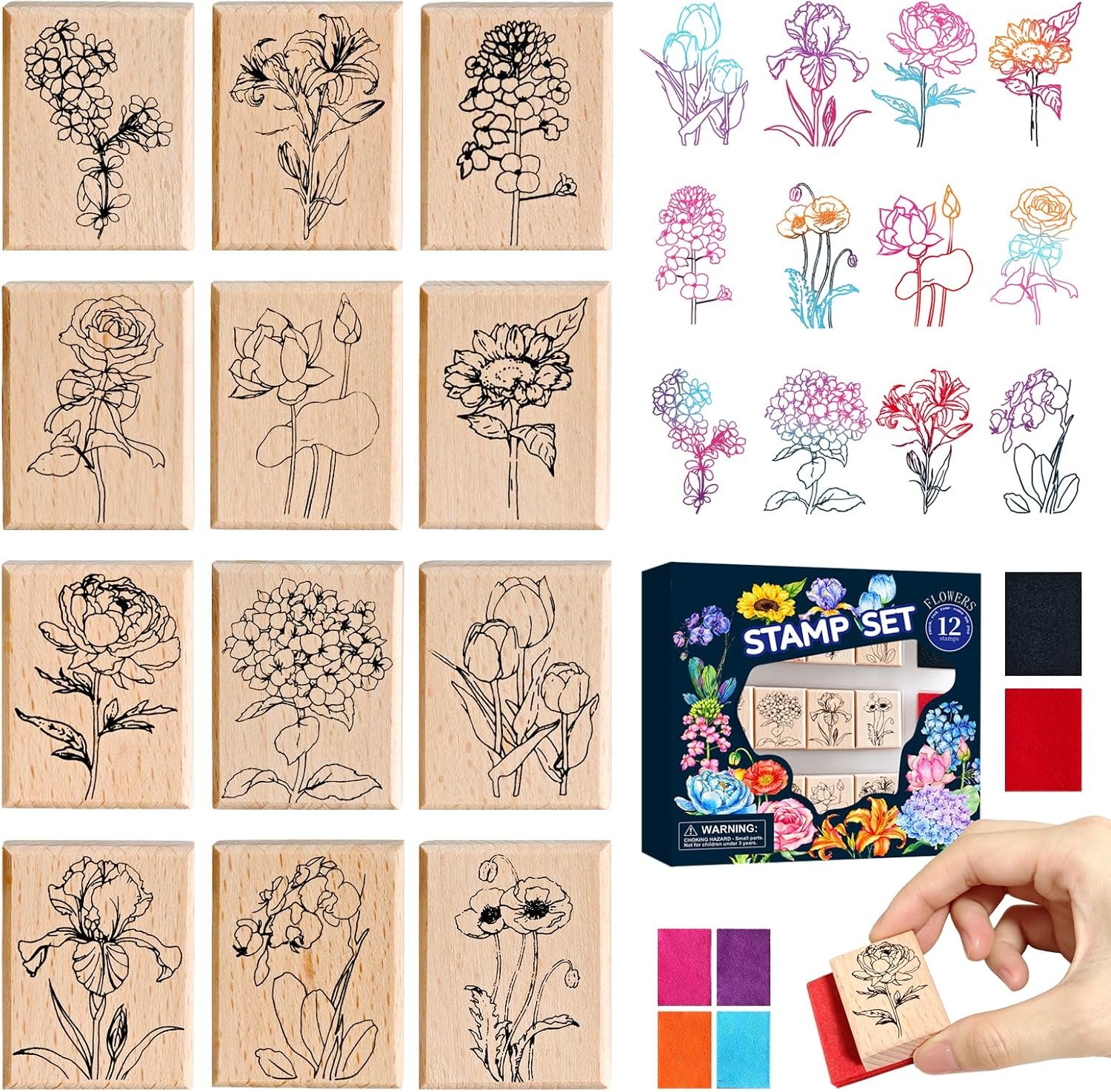 Wooden Flower Rubber Stamps Set, 12 PCS Scrapbooking Stamps with 3 Ink Pads (2 Classic Colors & 1 Mixed Color), Floral Stamps for Journals, Card Making, DIY Crafts, Clear Storage Case