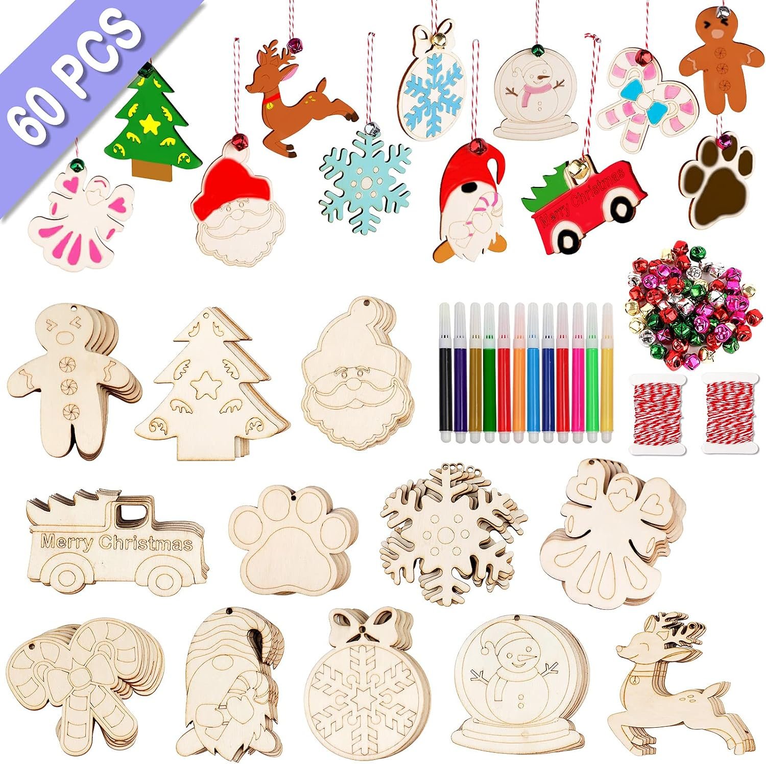 60PCS DIY Wooden Christmas Ornaments, Christmas Crafts for Kids Adults