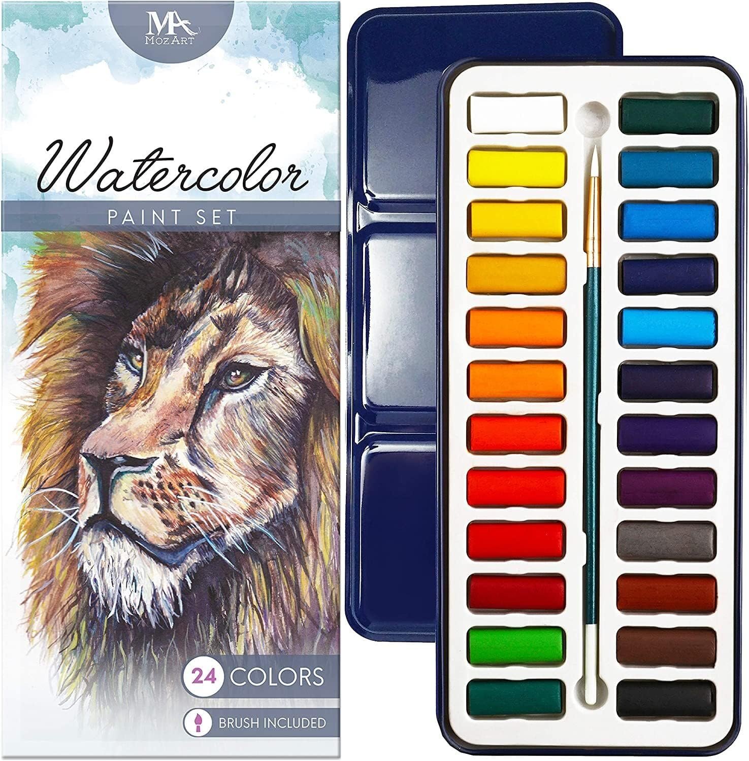 MozArt Supplies Watercolor Paint Essentials Set – Lightweight and Portable Metal Box – Lid Has 3 Partitions for Color Mixing – Easy-to-Blend Non-Toxic Formulation – 24 Vibrant Colors with Paintbrush