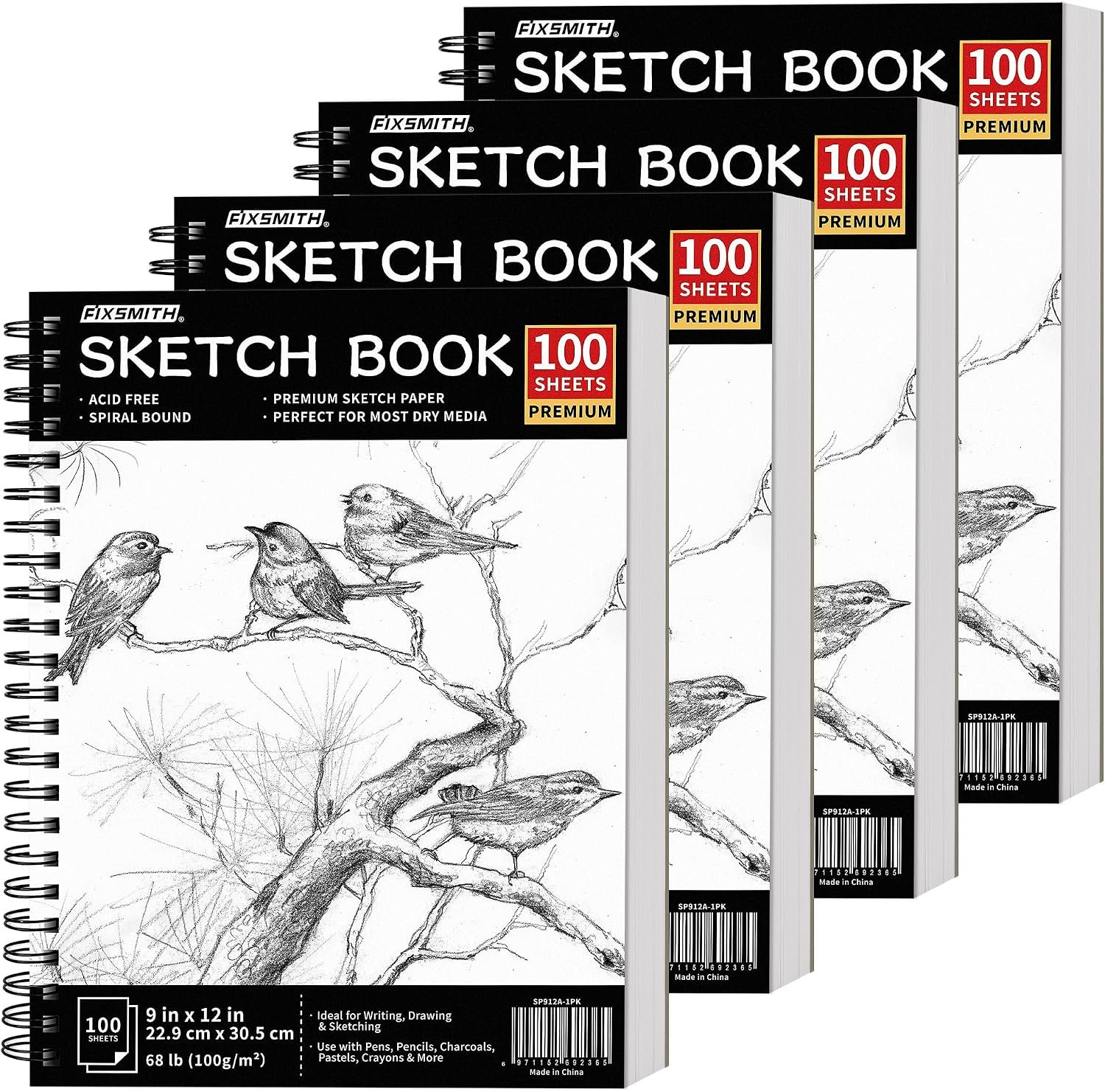 FIXSMITH 9″X12″ Sketch Book, 100 Sheets, 68 lb/100gsm, 4 Pack Black