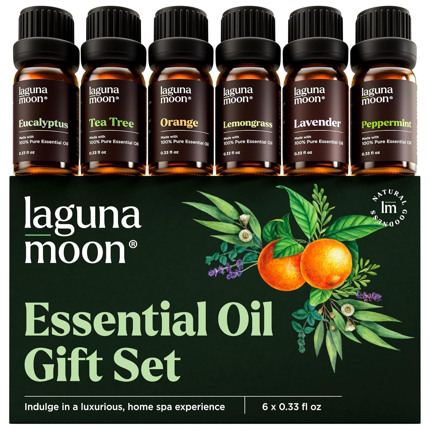 Lagunamoon Essential Oils Aromatherapy Set – 6 Oils for Diffusers, Home Care, Candle Making Scents, Fragrance, Humidifiers, Gifts – Peppermint, Tea Tree, Lavender, Eucalyptus, Orange (10mL)