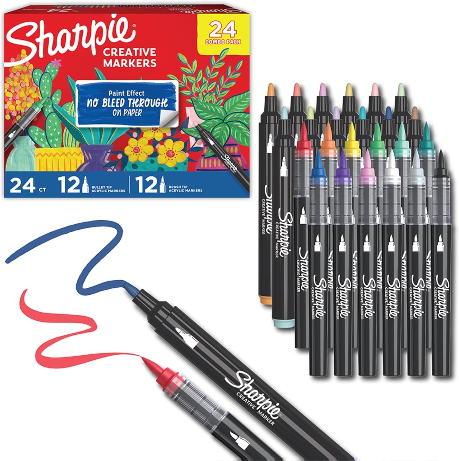 Sharpie Creative Markers, Combo Pack, Water-Based Acrylic, Bullet & Brush Tips, Assorted Colors Including Earth Tones, 24 Count – Works on Paper, Metal, Wood, Ceramic, Glass, Rock, Canvas