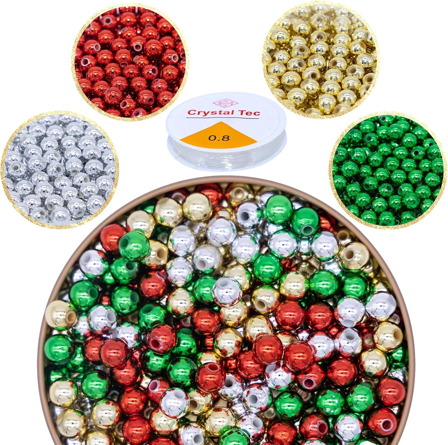 600 Pcs Christmas Pony Beads, 8mm Metallic Round with Elastic String – Red, Green, Silver, Gold – Plastic Craft Beads for Jewelry Making, Necklace, Bracelet, DIY Home Hanging Ornament Supplies