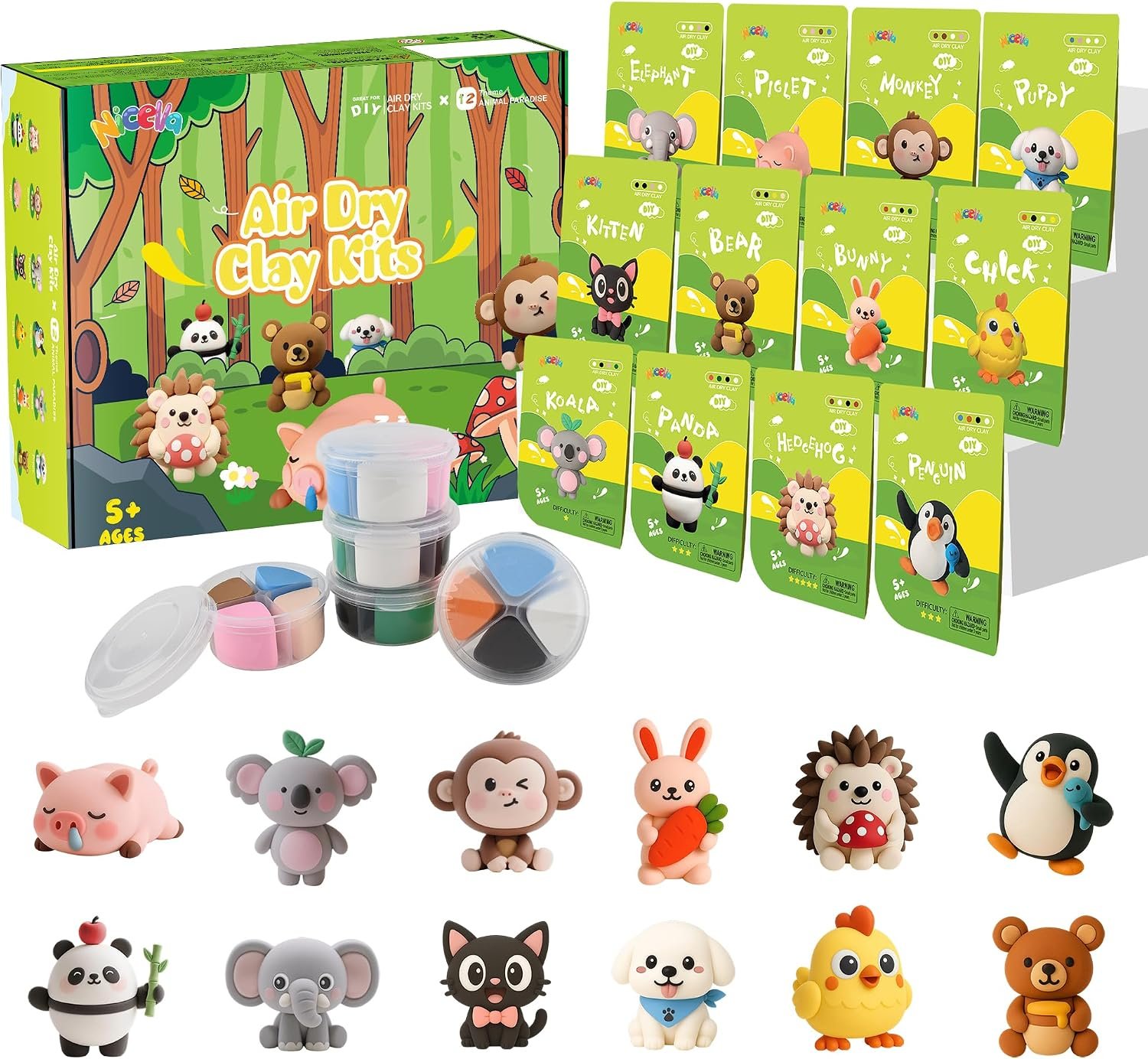 Nicella Air Dry Clay Kit, 12 Animals Modeling Clay for Kids, Model Magic Clay with Sculpting Tools and Tutorials, Safe & Non-Toxic, DIY Arts & Crafts School Projects, Home Party Favors for Boys Girls