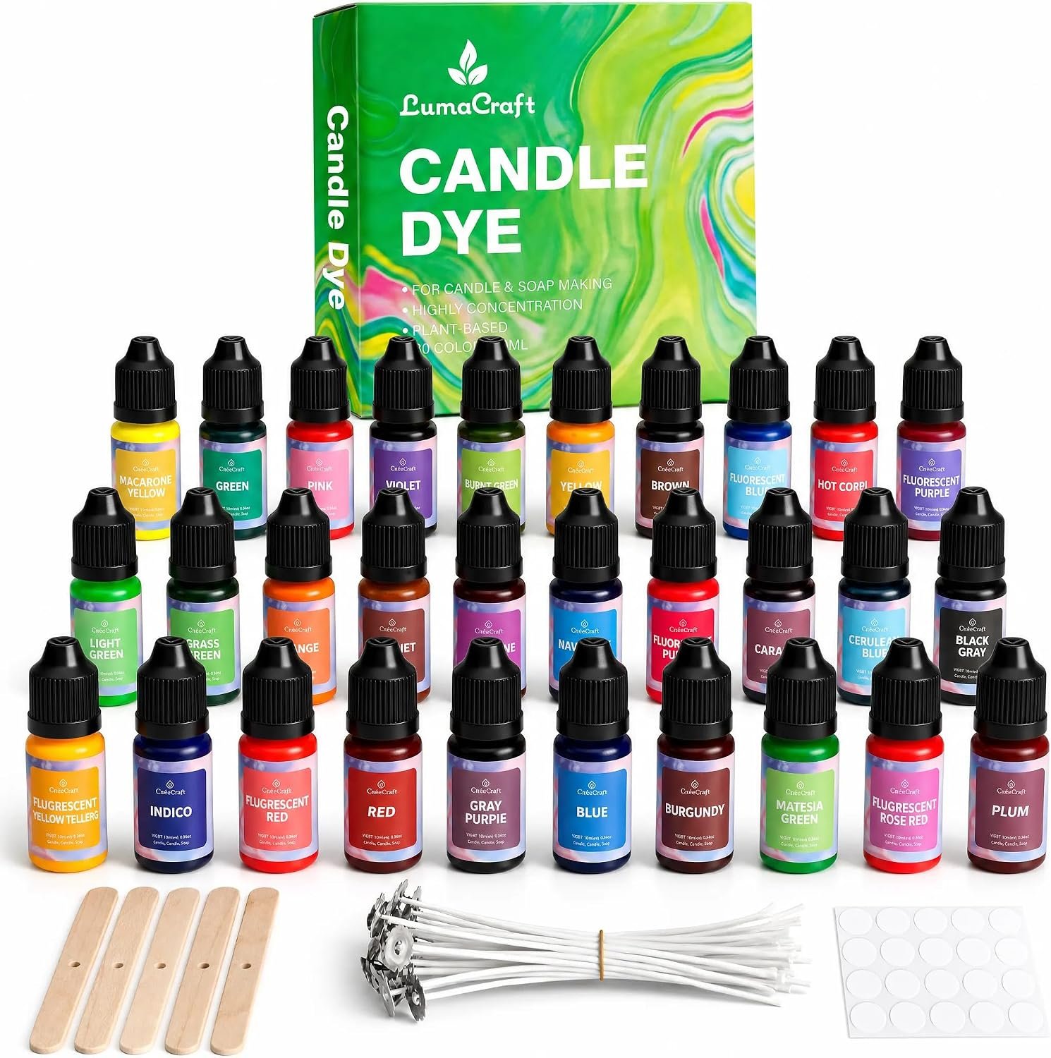 Candle Dye Kit–30 Colors (0.35 oz /10ml Each), Highly Concentrated Plant-Based Colorant for Candle and Soap Making, with 20 Wicks, Wick Stickers and Wooden Holders for DIY Craft Supplies