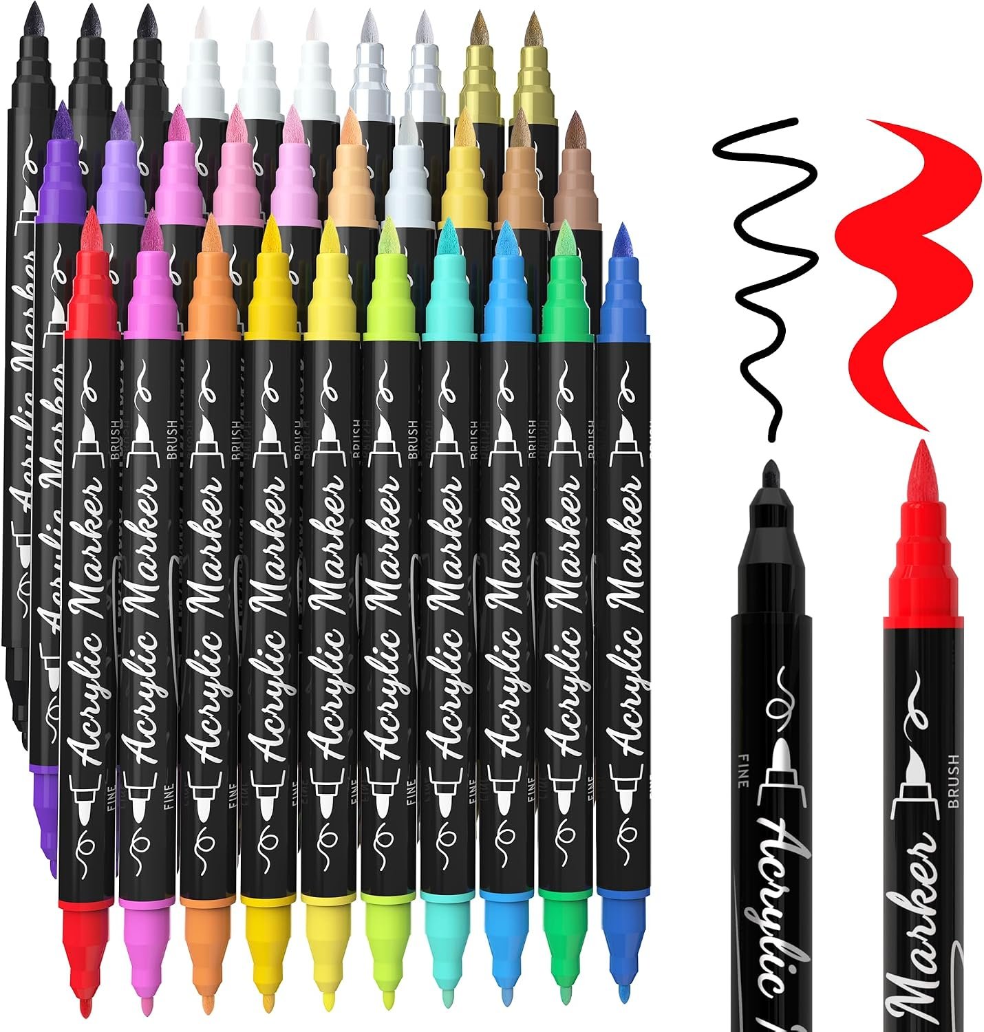 30 Colors Precision Dual Tip Acrylic Paint Markers Pens – Brush & Fine