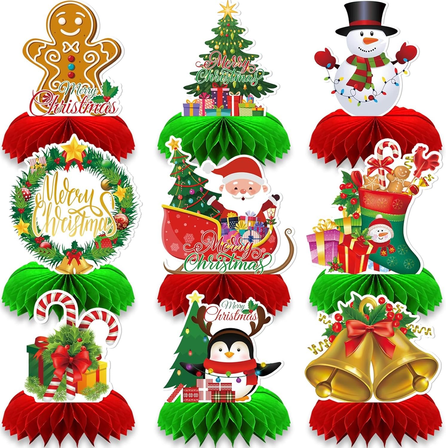 9 Pcs Christmas Honeycomb Centerpieces – Holiday Table Decorations with Gingerbread Man, Christmas Tree, Snowman, Santa, Stocking, Wreath, Candy Cane, Penguin and Bells for Xmas Party Supplies