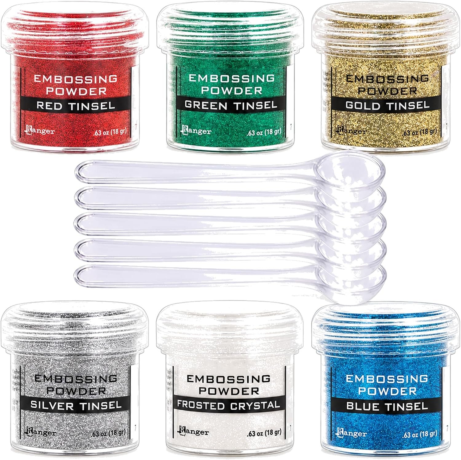 Ranger Metallic Embossing Powder Set, Embossing Powder Spoons, Red Tinsel, Green Tinsel, Gold Tinsel, Silver Tinsel, Frosted Crystal and Blue Tinsel