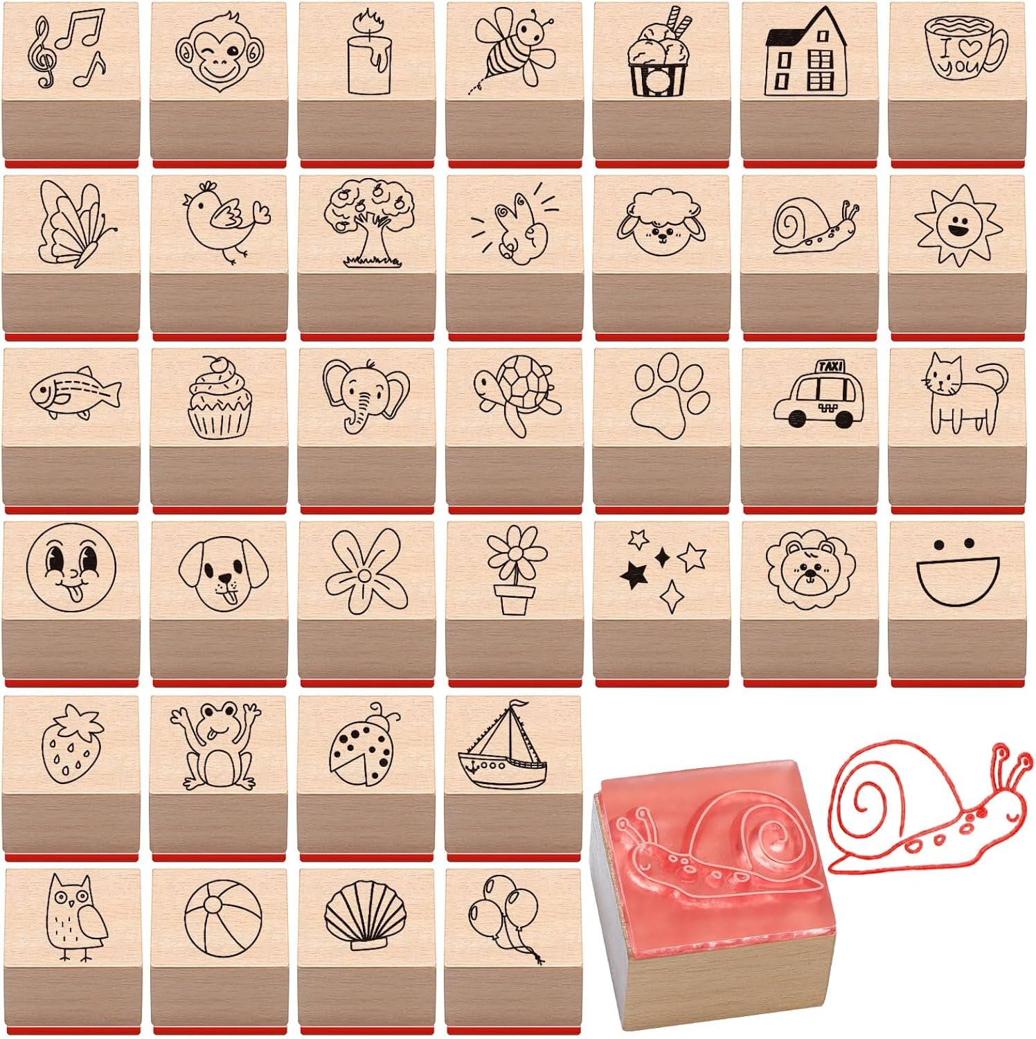 Maitys 36 Pcs Cartoon Pattern Wood Stamps Set Wooden Rubber Holiday Stamps