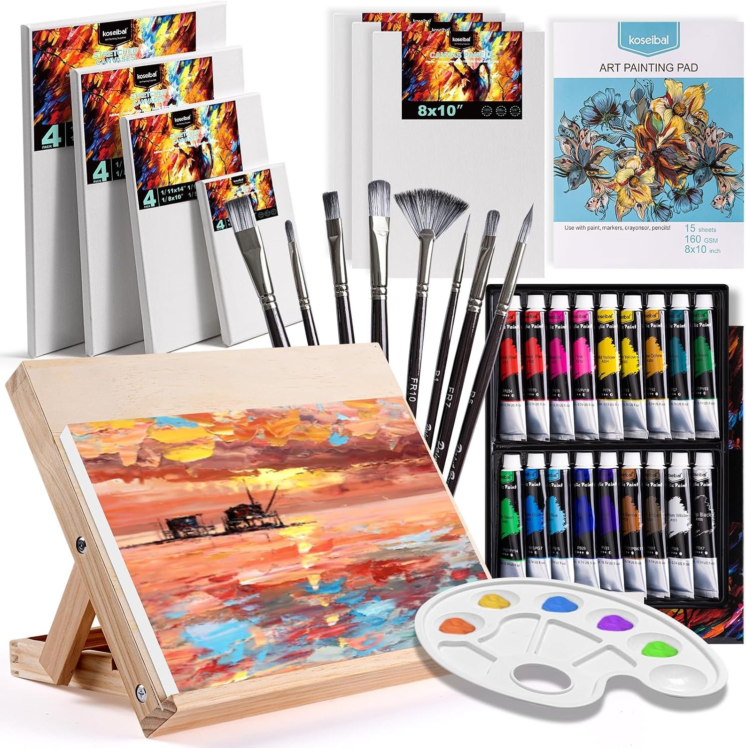 koseibal Acrylic Paint Set with Tabletop Easel and Canvas for Kids, Adults