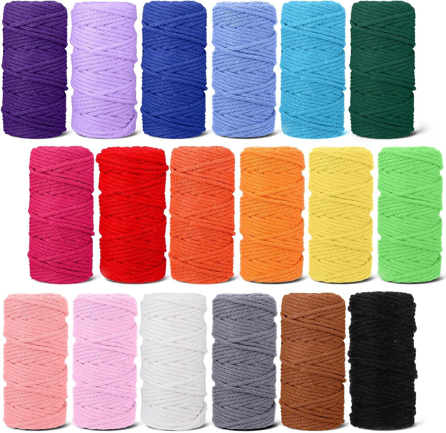Macrame Cord 3mm x 590 Yards, 18 Rolls Natural Colored Macrame Cotton Supplies 4 Strand Twisted Cotton Cord Rope for DIY Knitting Crafts Knitting Plant Hangers Wedding Decor