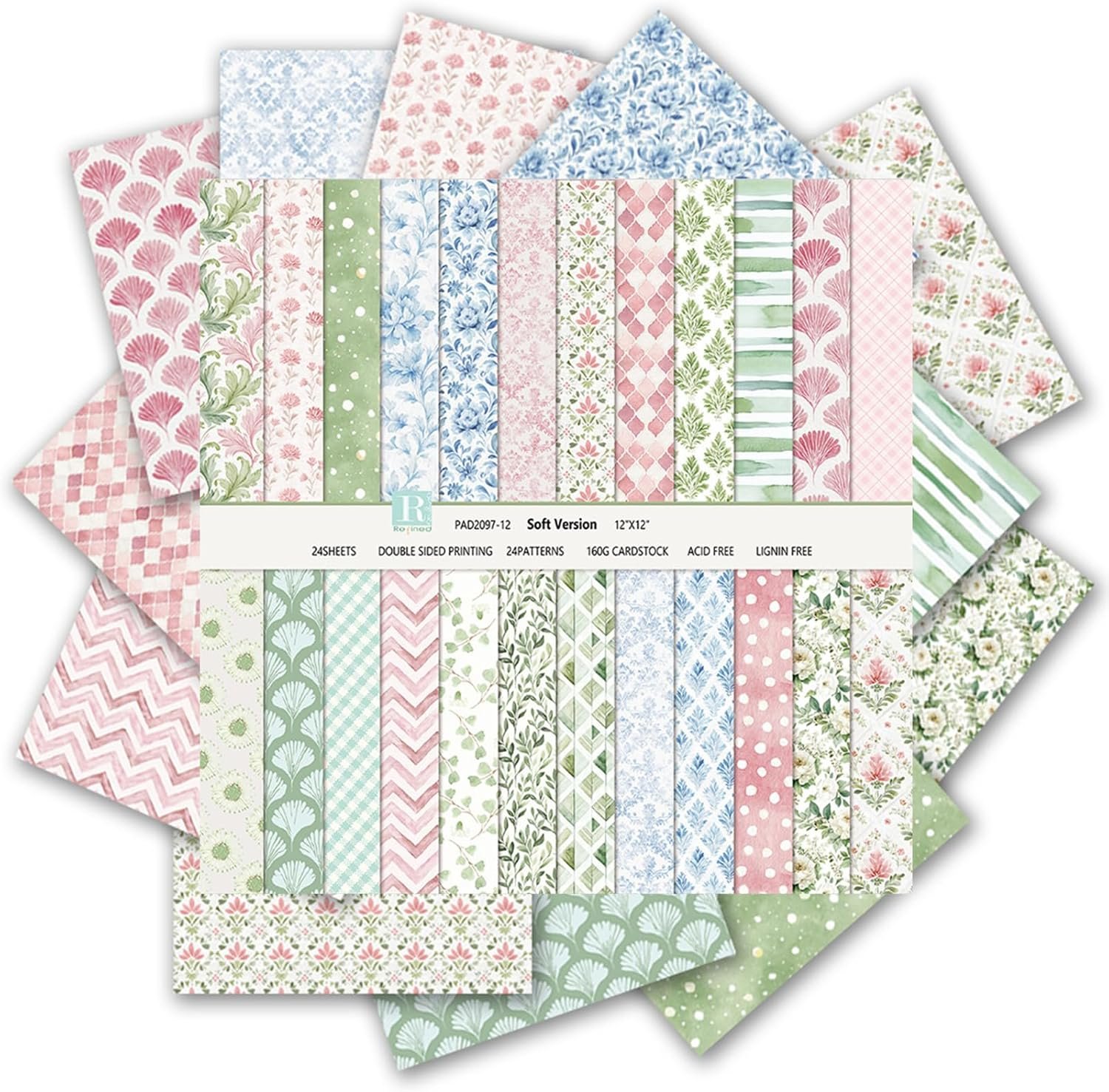 Boho Scrapbook Paper 12×12 – 24 Sheets Flower Patterned Cardstock Paper Pads,Coloured Double-Sided Decorative Craft Papers Pack for Scrapbooking, Junk Journaling, and Card Making (Soft Version)