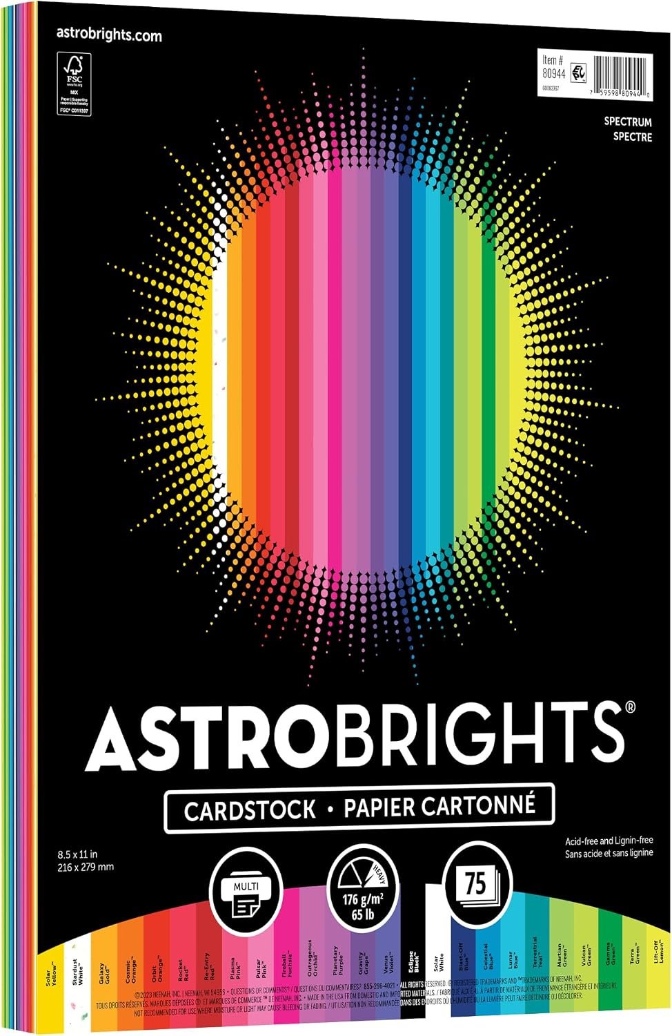 Astrobrights Colored Cardstock, 8.5” x 11”, 65 lb / 176 gsm, “Spectrum” 25-Color Assortment, 75 Sheets (80944-01) – Case