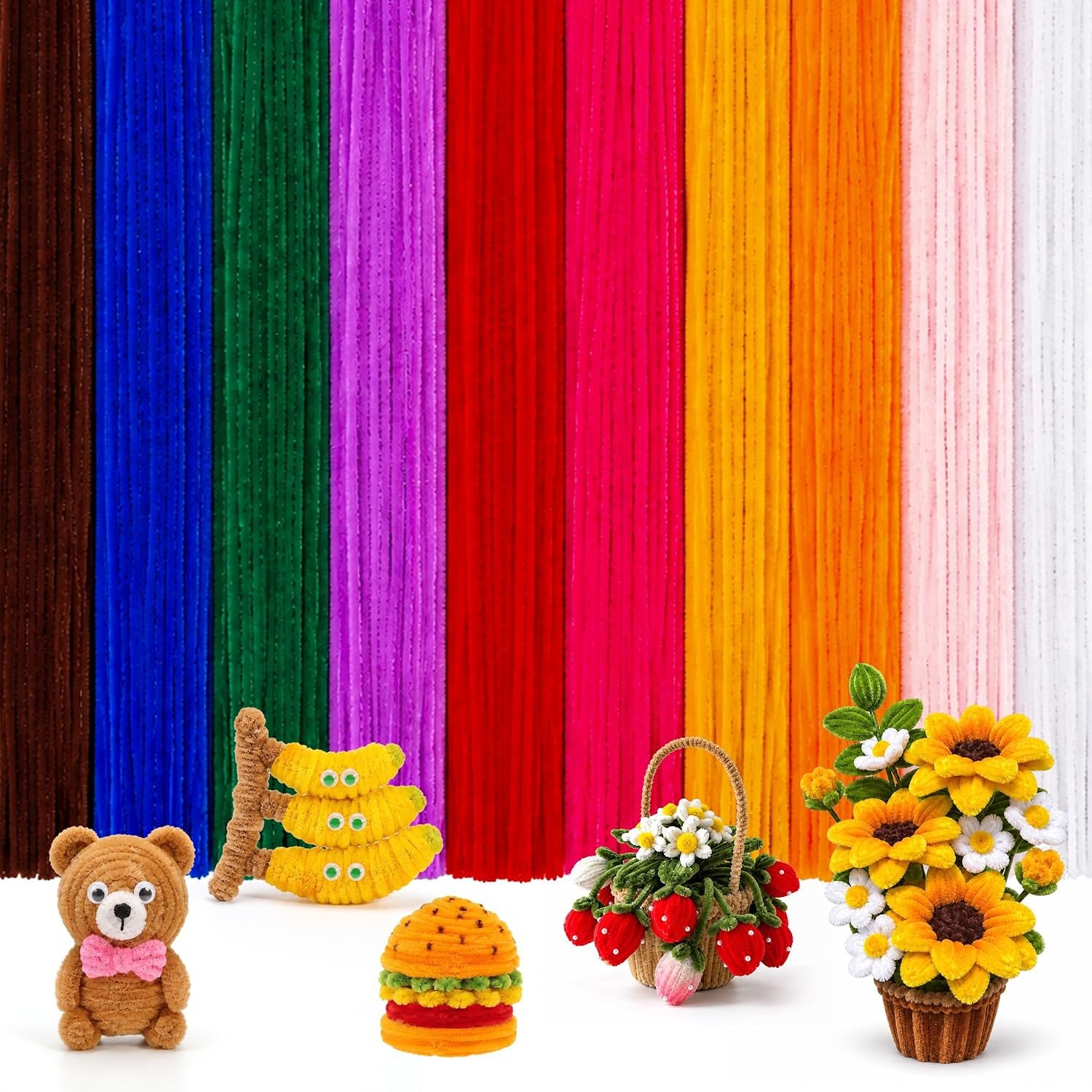 Caydo 100PCS Pipe Cleaners Craft, 10 Colors Chenille Stems Bulk
